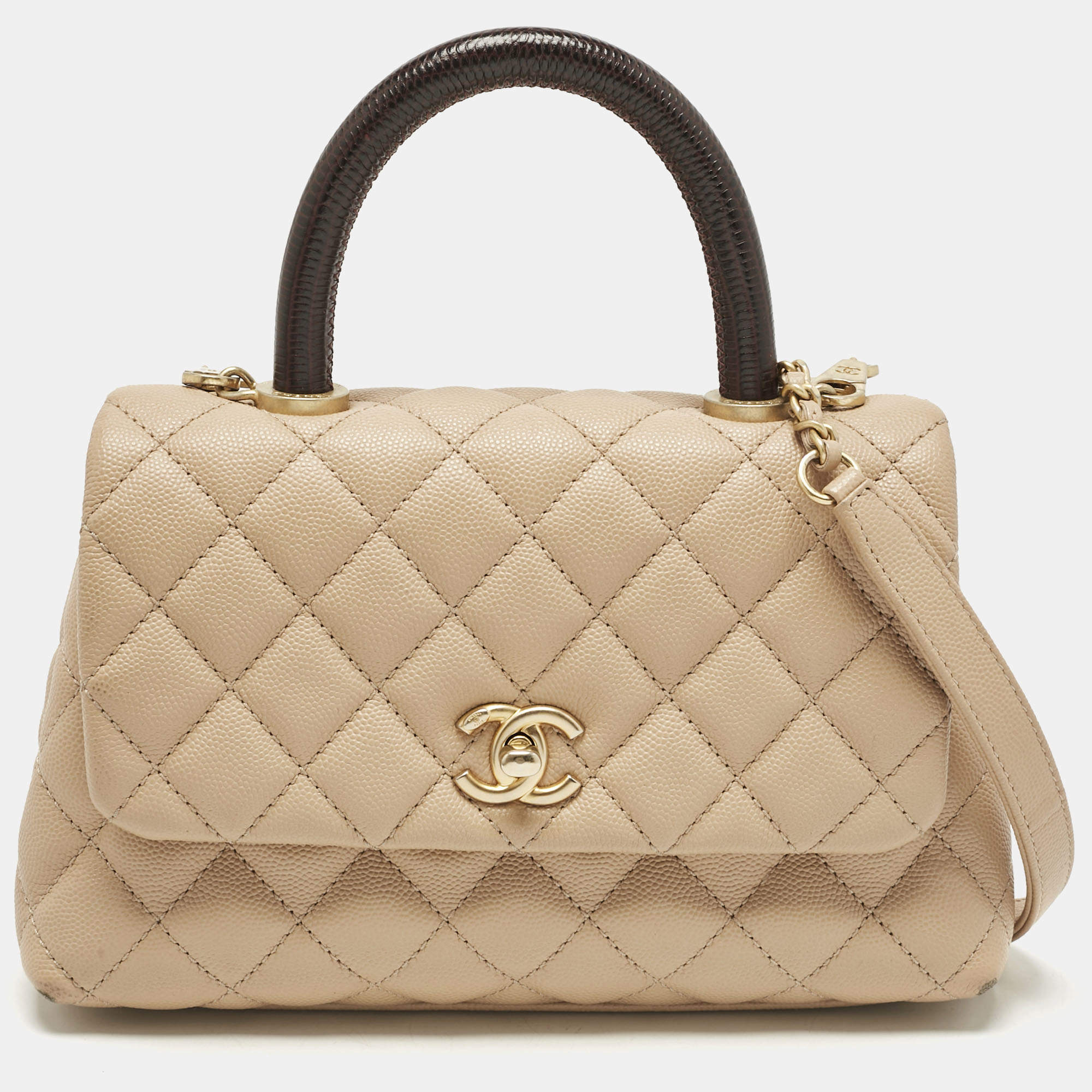 مملوكة مسبقًا حقيبة شانيل يد علوية كوكو صغيرة جلد كافيار مبطنة بنية