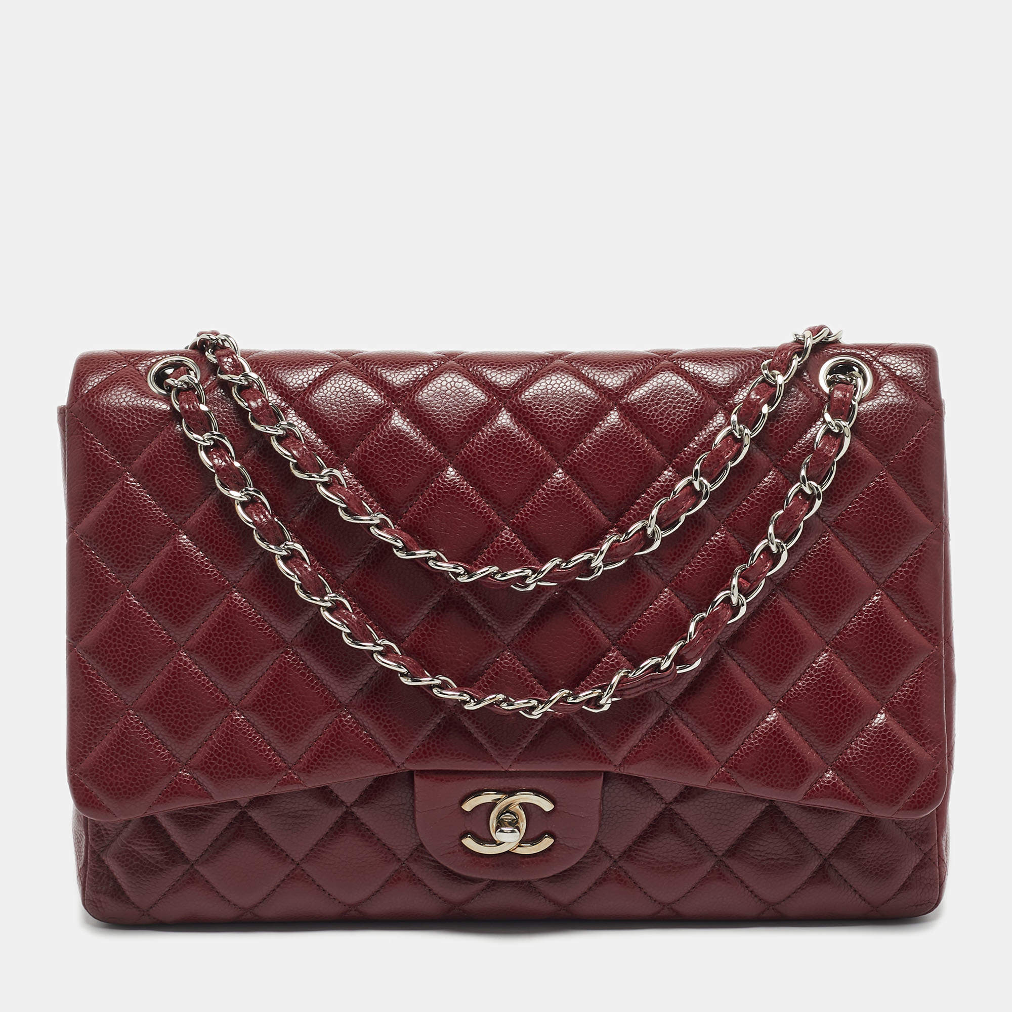 Pre Owned Chanel Dark Red Quilted Caviar Leather Maxi Classic Single Flap Bag