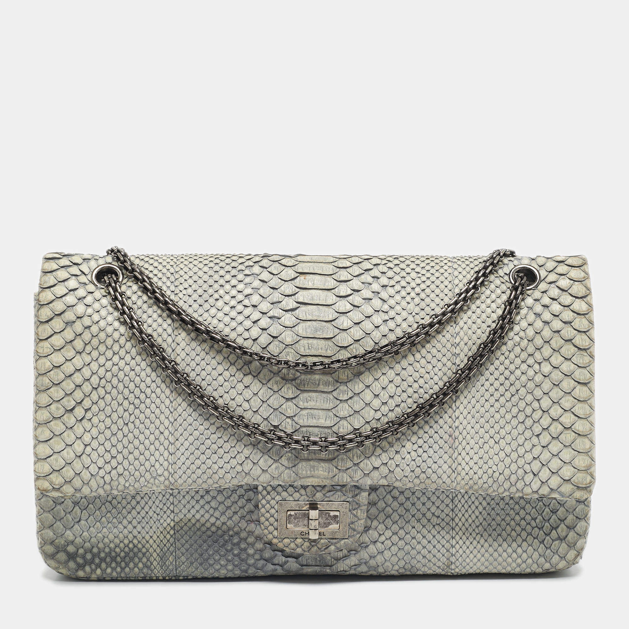 Pre Owned Chanel Grey Python Reissue 2.55 Classic 228 Flap Bag