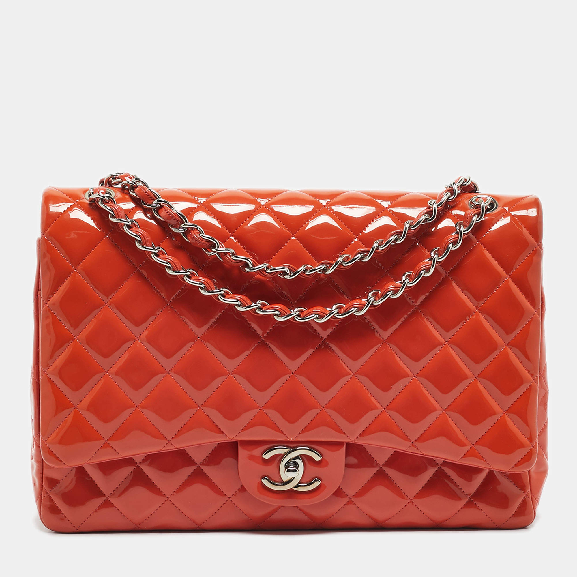 Pre Owned Chanel Orange Patent Leather Maxi Classic Double Flap Bag