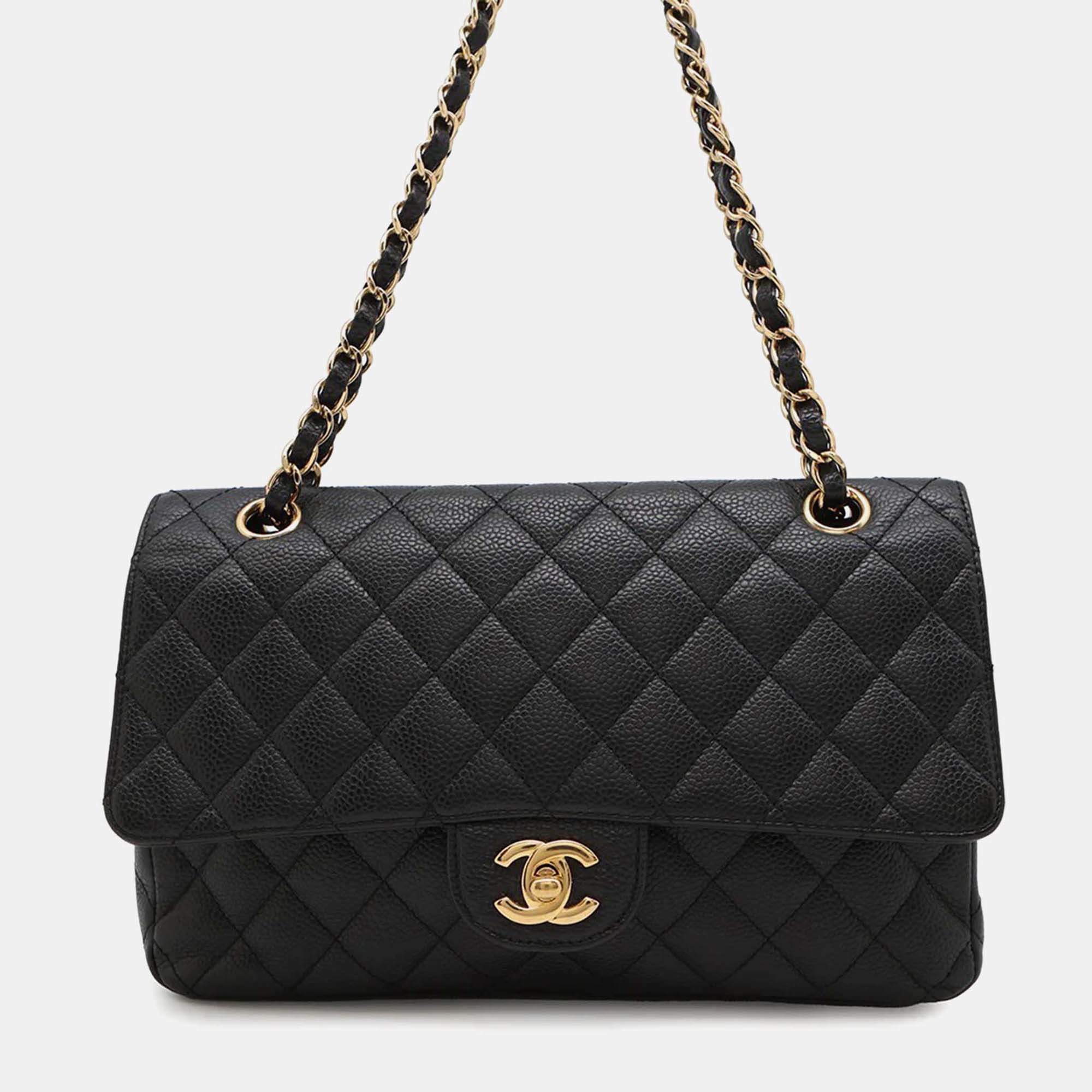 مملوكة مسبقًا Chanel Classic Double Flap Medium Black Caviar Leather Chain Shoulder Bag