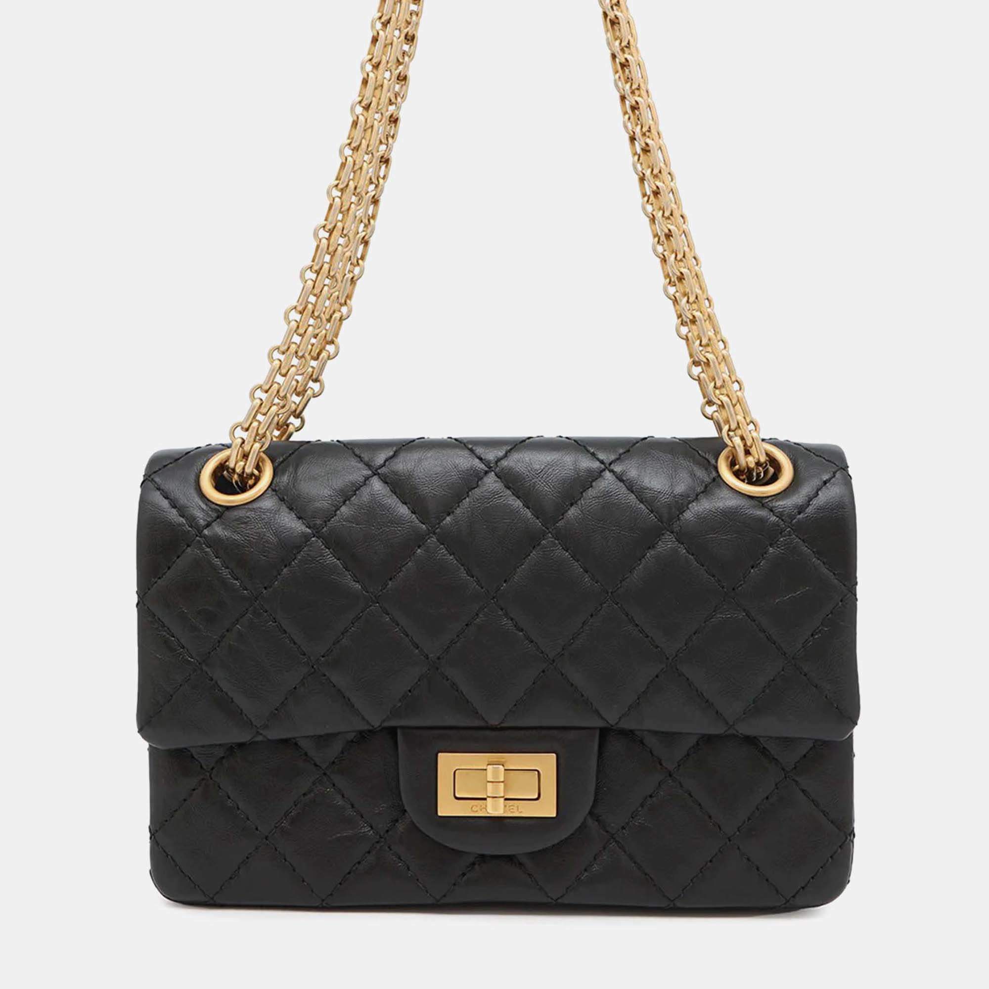 Pre Owned Chanel 2.55 Mini Black Aged Calf Leather Chain Shoulder Bag