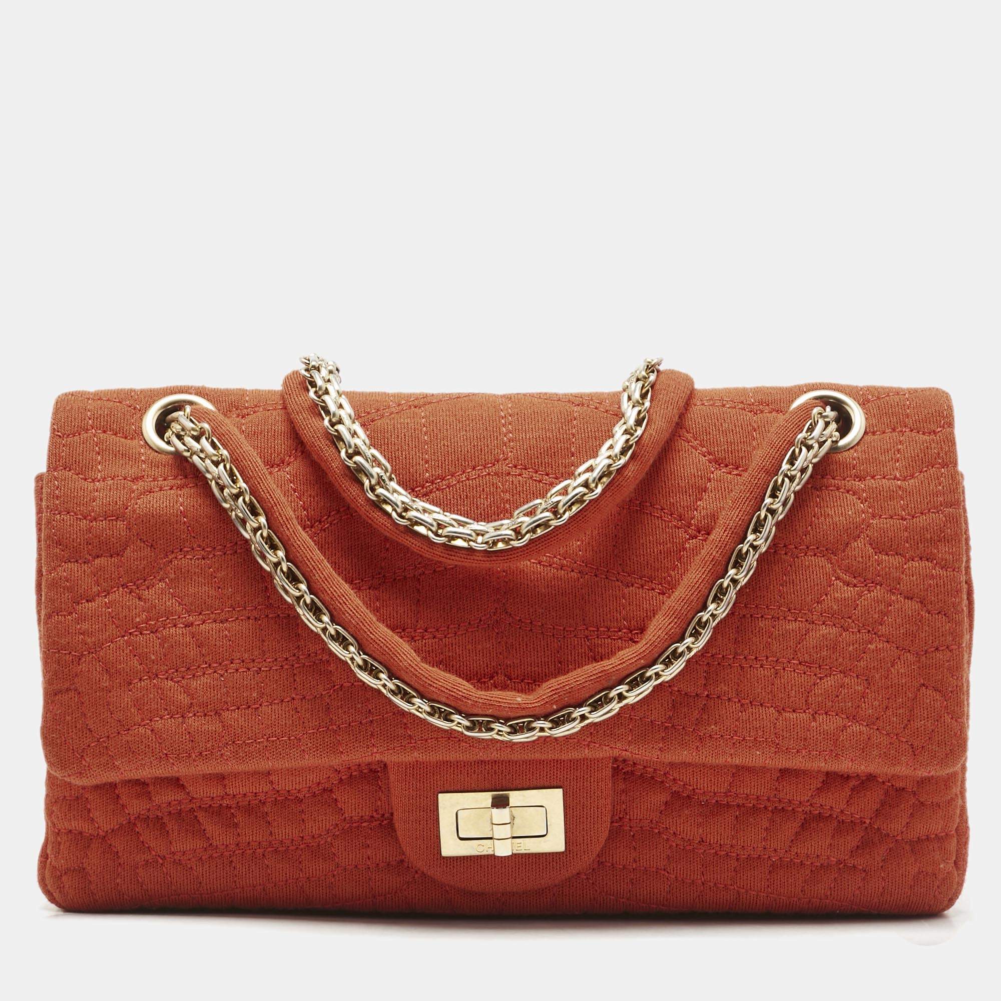 Pre Owned Chanel Orange Quilted Jersey Classic 225 Reissue 2.55 Flap Bag