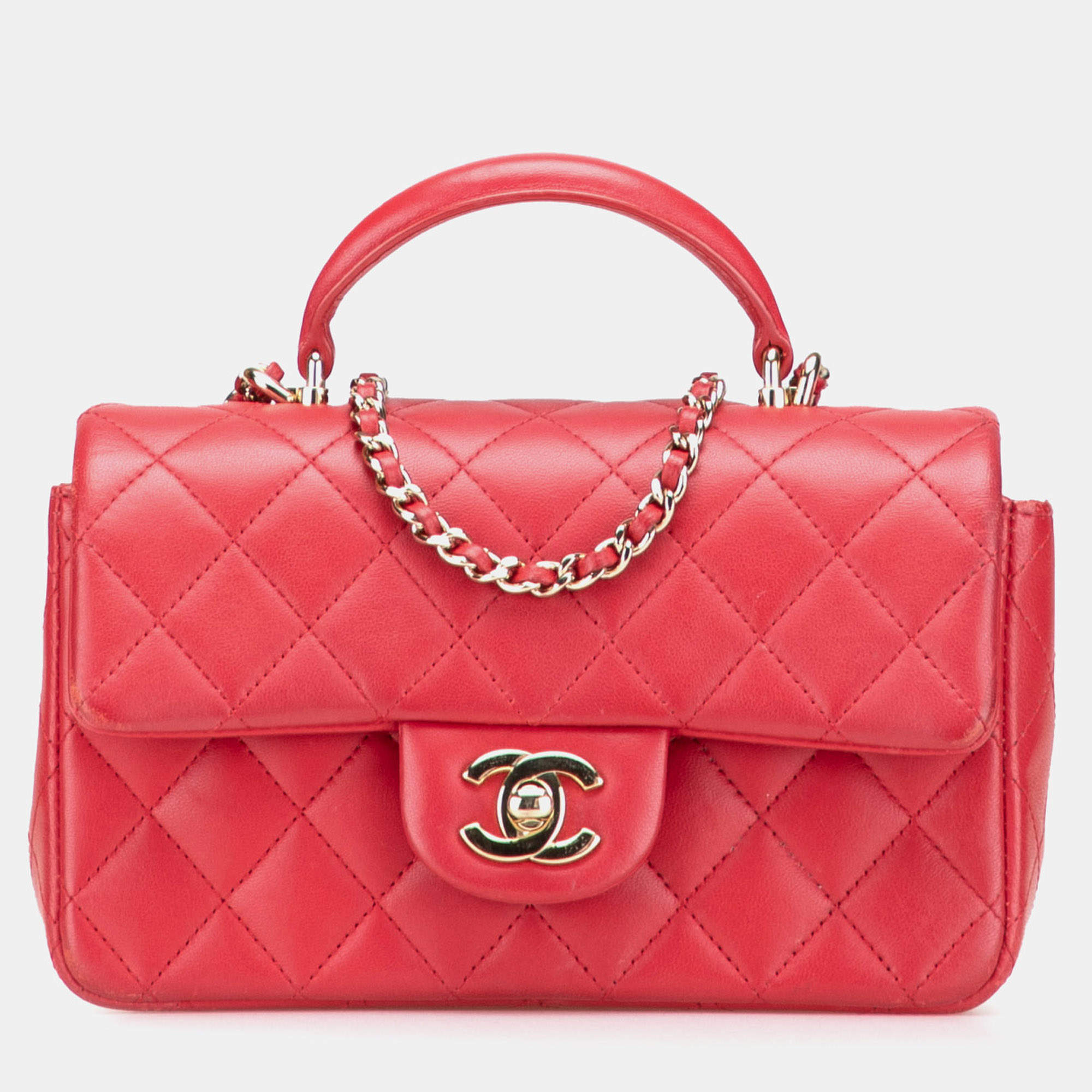 Pre Owned Chanel Red Mini Rectangular Lambskin Top Handle Single Flap
