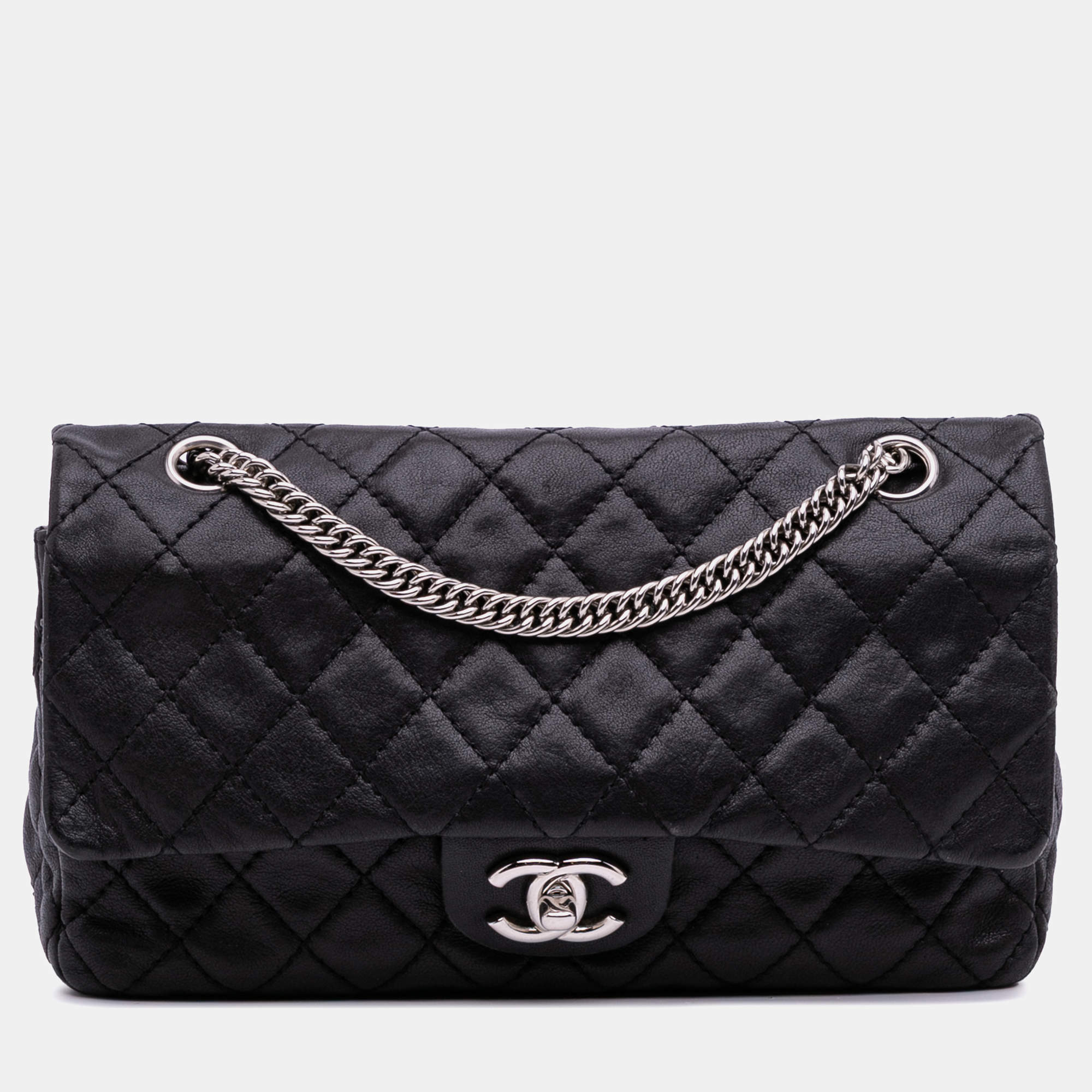 Pre Owned Chanel Black Medium Classic Washed Lambskin Bijoux Chain Double Flap
