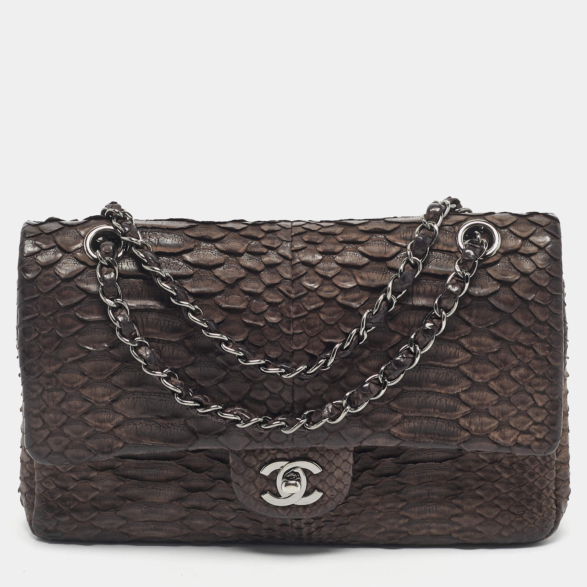 Pre Owned Chanel Dark Brown Python Medium Classic Double Flap Bag