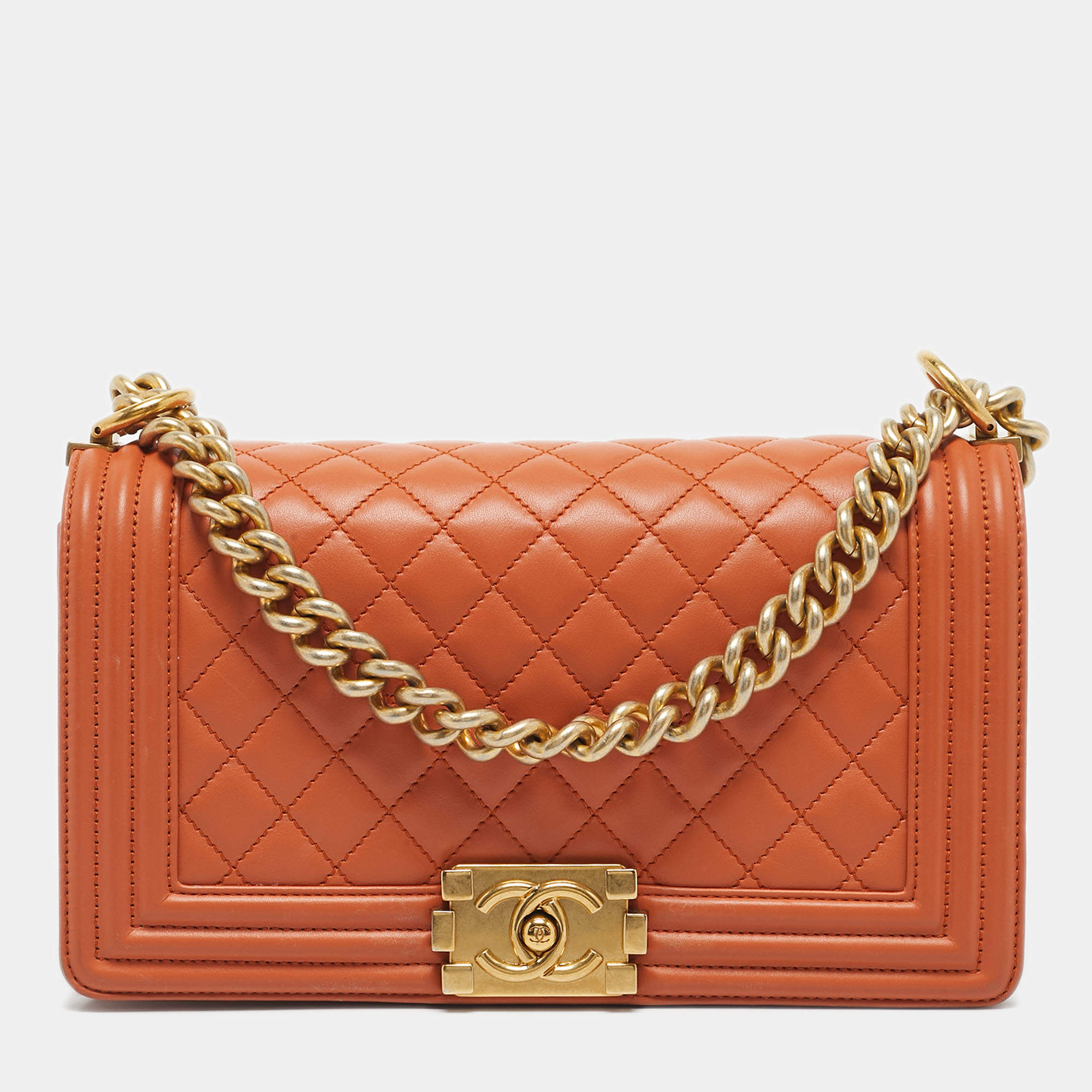 Pre Owned Chanel Orange Quilted Leather Medium Classic Boy Flap Bag