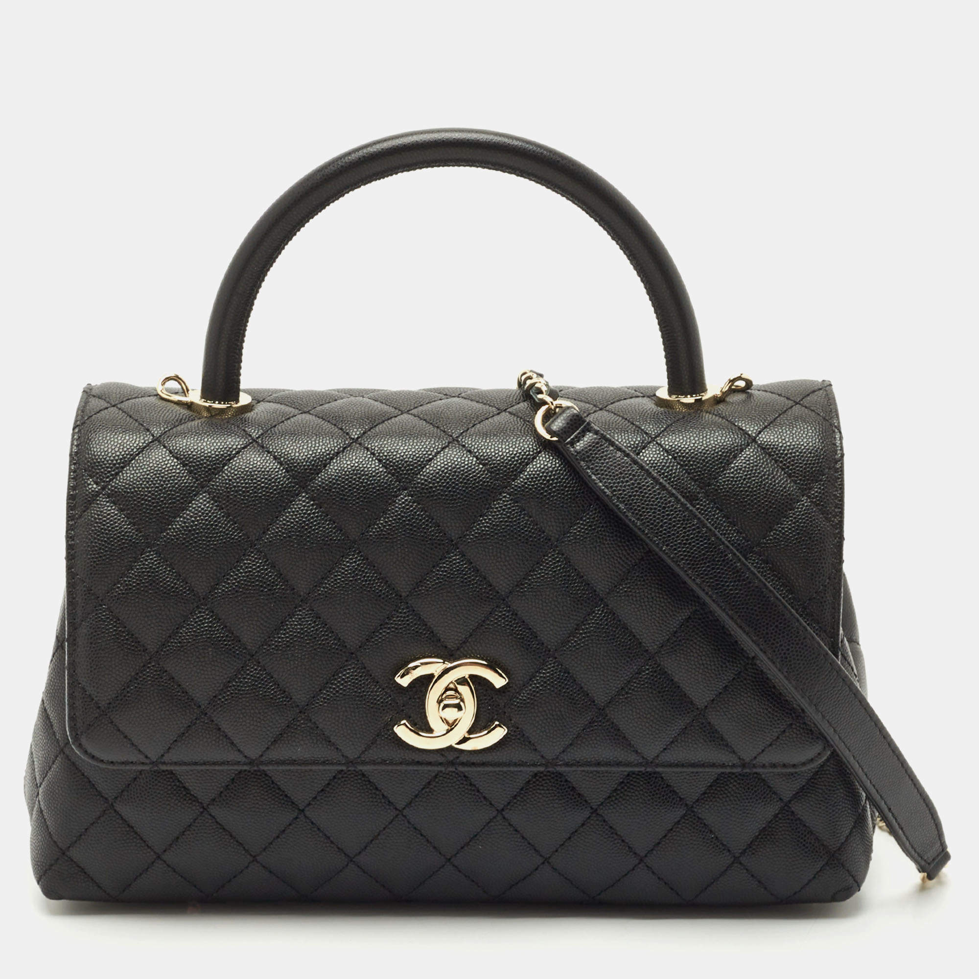Pre Owned Chanel Black Quilted Caviar Leather Medium Coco Top Handle Bag