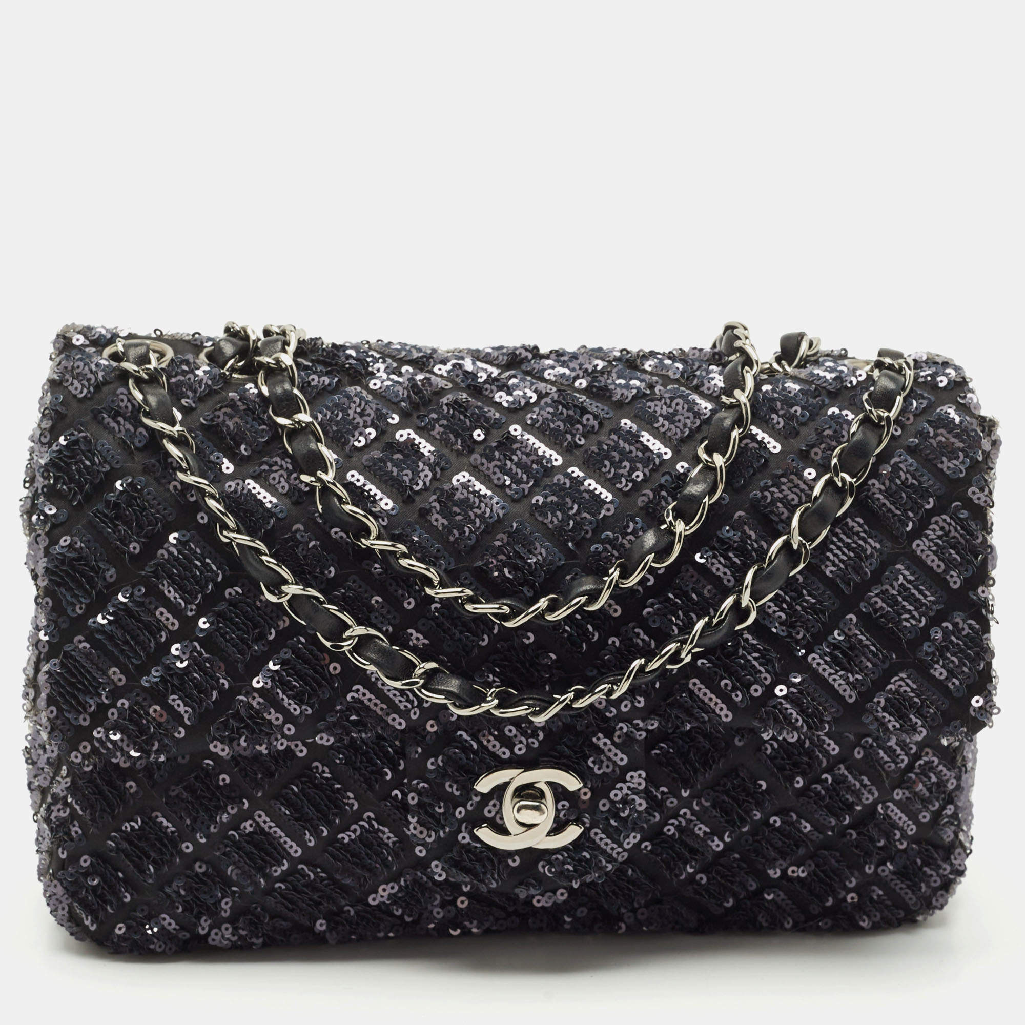 مملوكة مسبقًا Chanel Navy Blue/Black Quilted Sequins and Satin Medium Classic Single Flap Bag