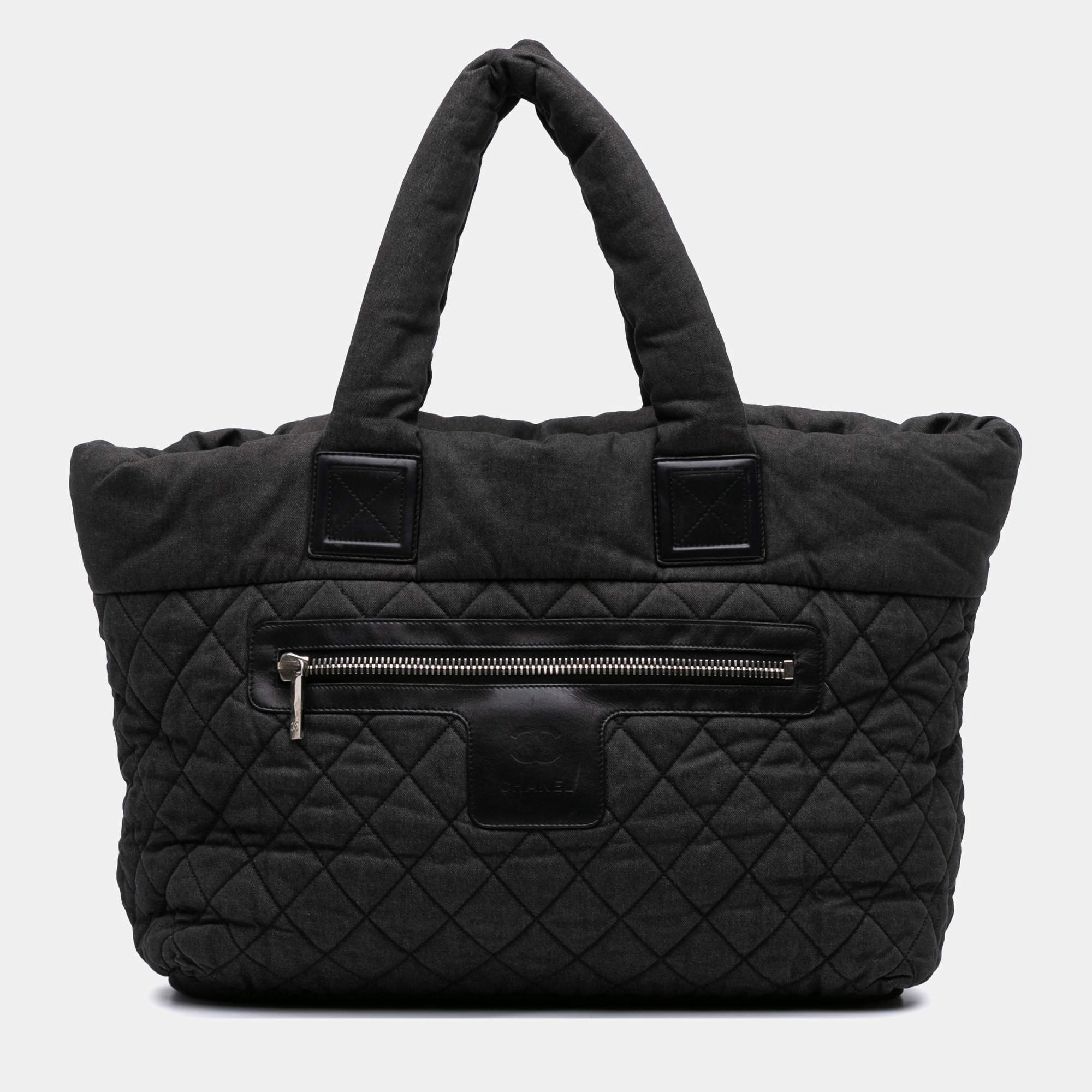 Pre Owned Chanel Black Large Quilted Denim Coco Cocoon Tote