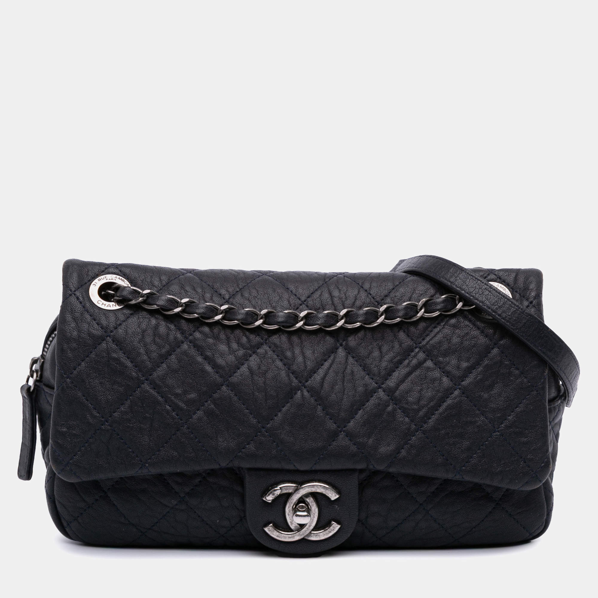 Pre Owned Chanel Navy Blue Small Quilted Distressed Calfskin Easy Flap