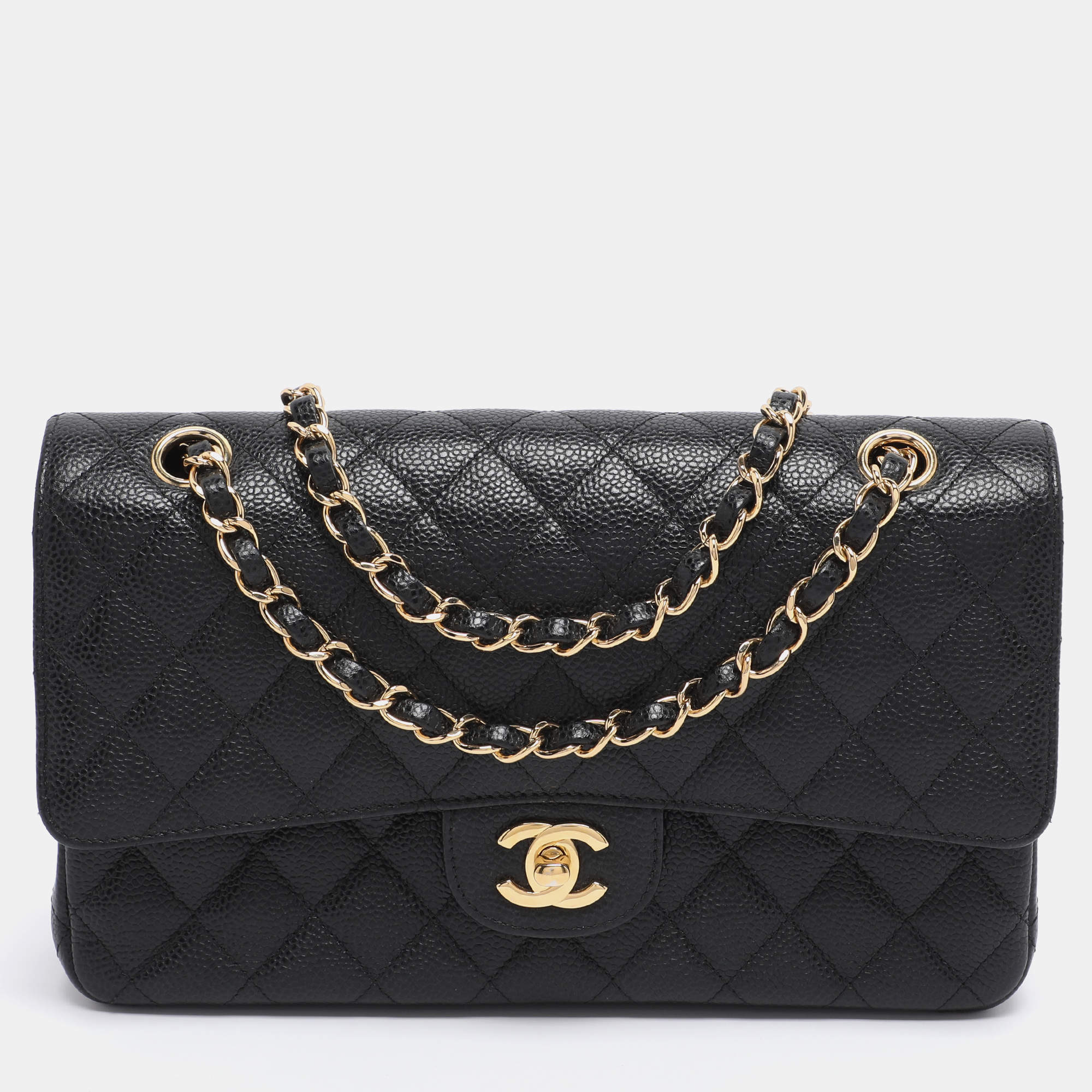 Pre Owned Chanel Black Quilted Caviar Leather Medium Classic Double Flap Bag
