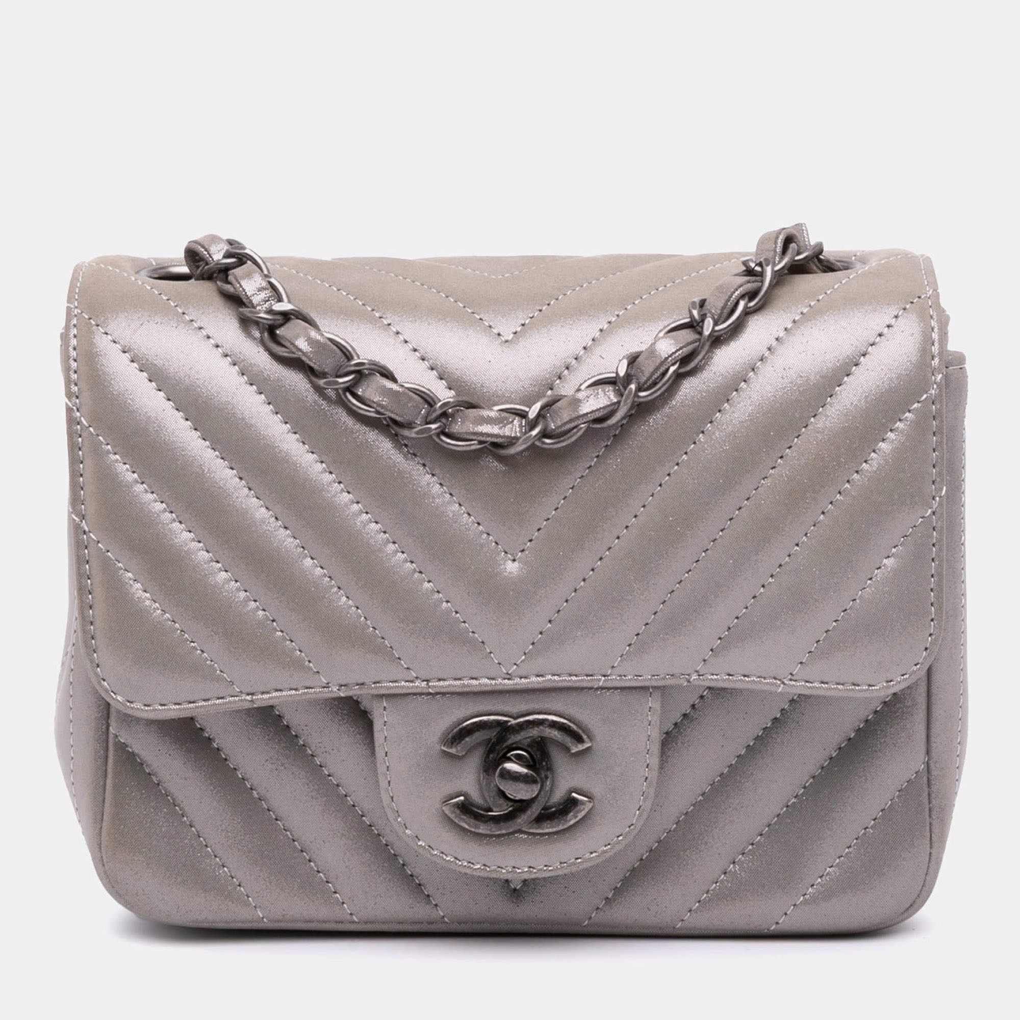 Pre Owned Chanel Brown Mini Square Classic Chevron Iridescent Calfskin Single Flap