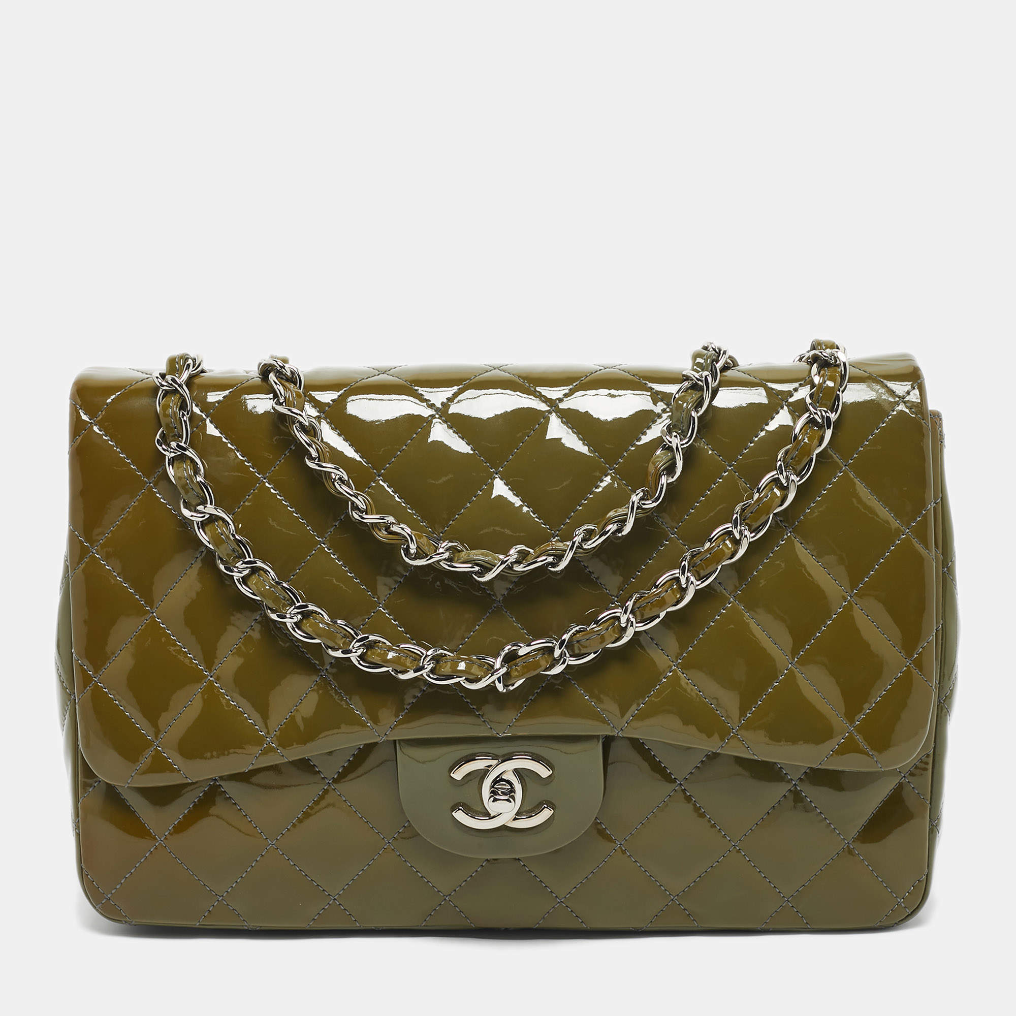 Pre Owned Chanel Green Quilted Patent Leather Jumbo Classic Single Flap Bag