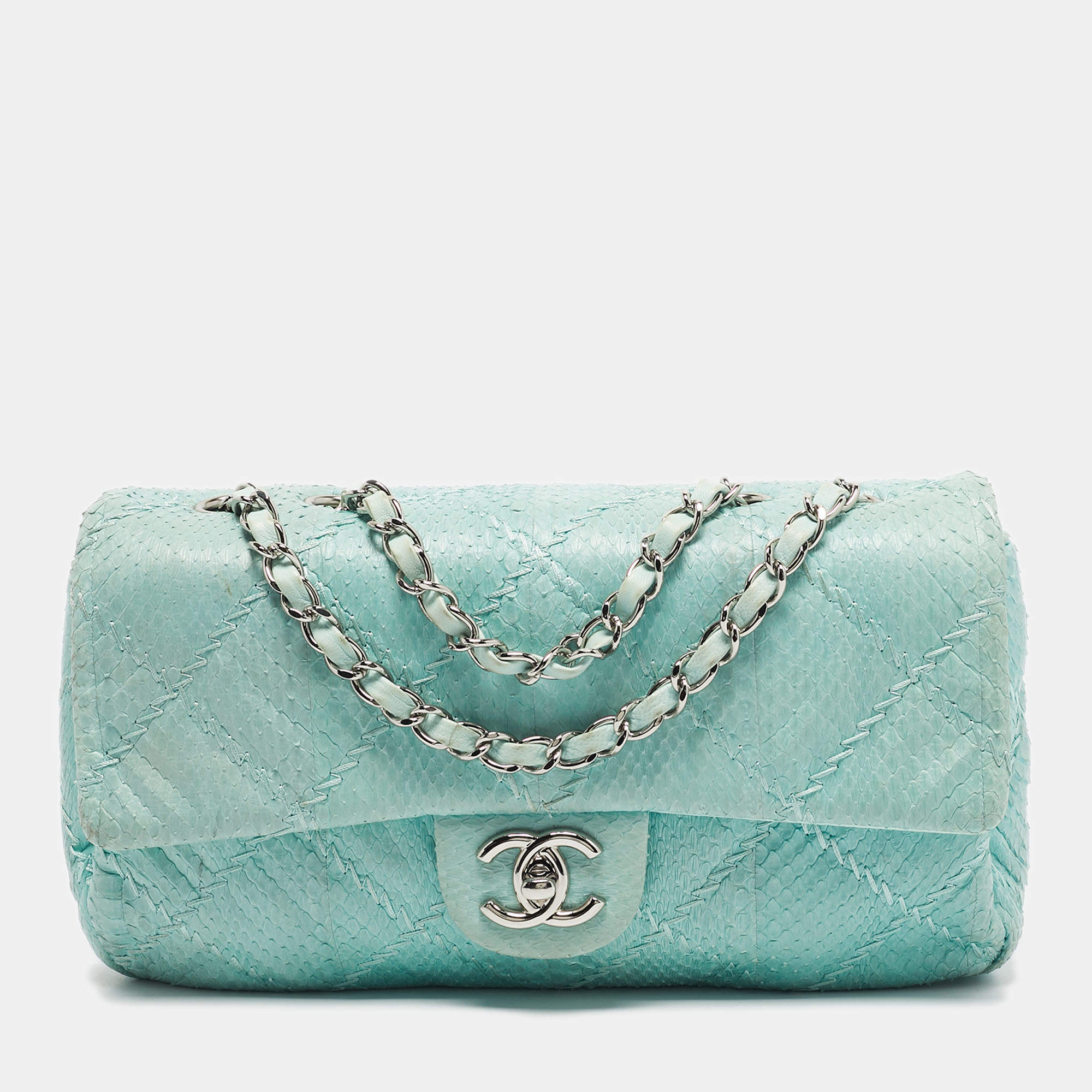 Pre Owned Chanel Aqua Blue Snakeskin Medium Ultra Stitch Classic Single Flap Bag