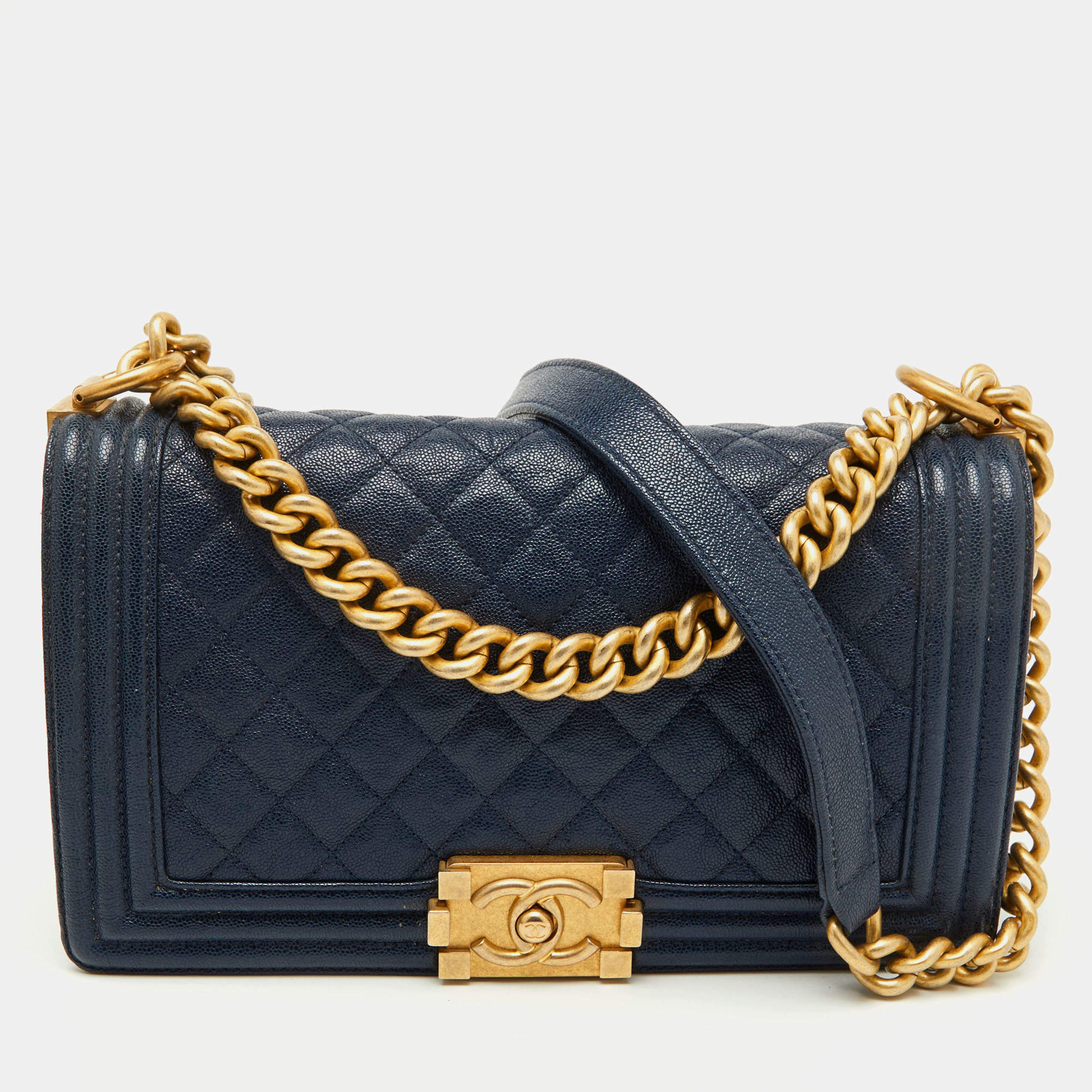 Pre Owned Chanel Navy Blue Quilted Caviar Leather Medium Boy Bag