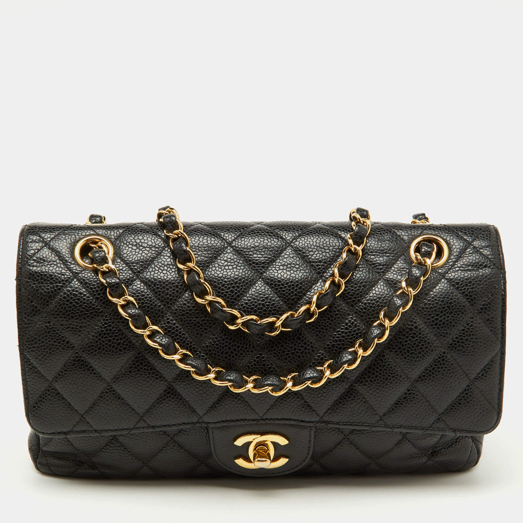 Pre Owned Chanel Black Quilted Caviar Leather Medium Classic Double Flap Bag