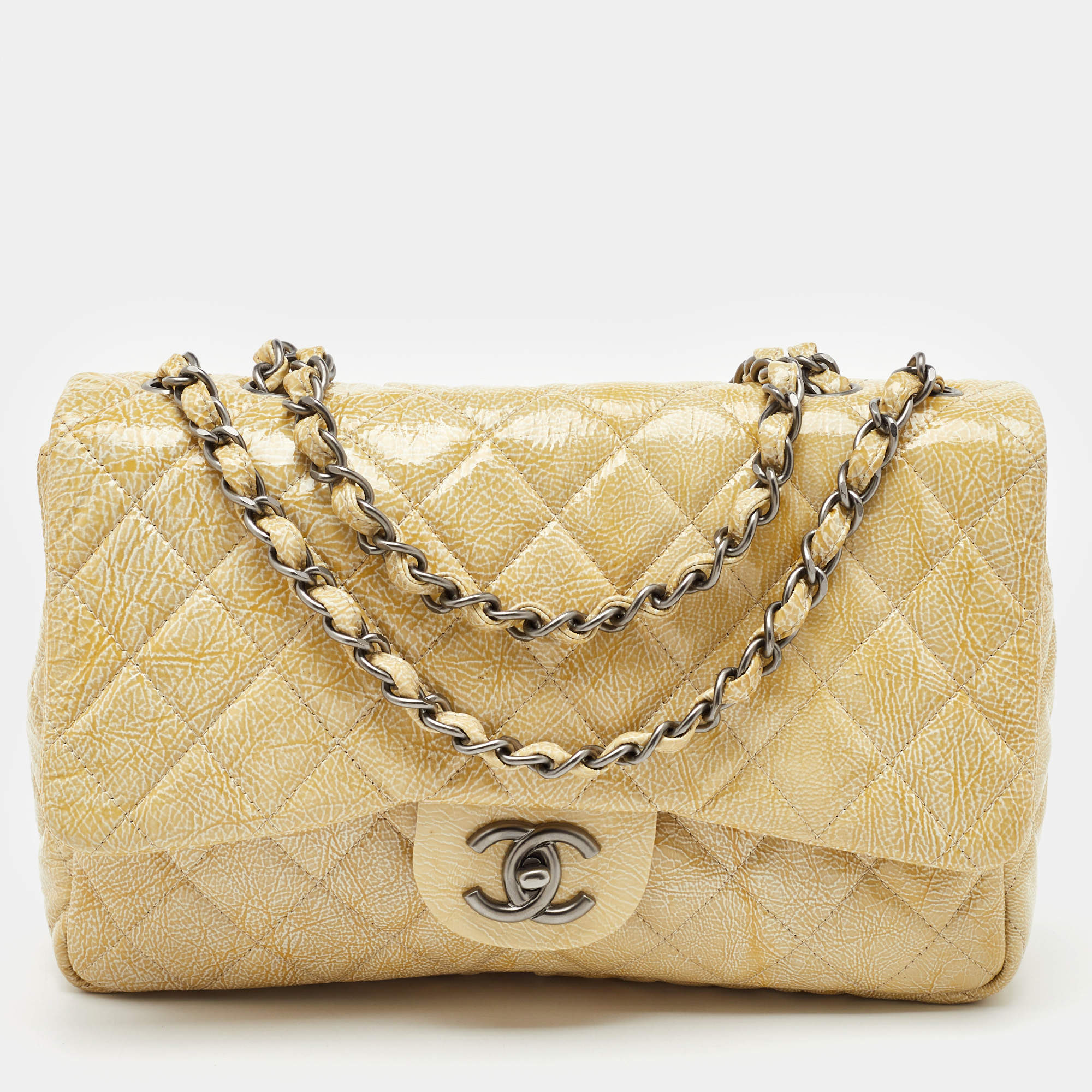 Pre Owned Chanel Yellow Quilted Pattern Patent Leather Jumbo Classic Single Flap Bag