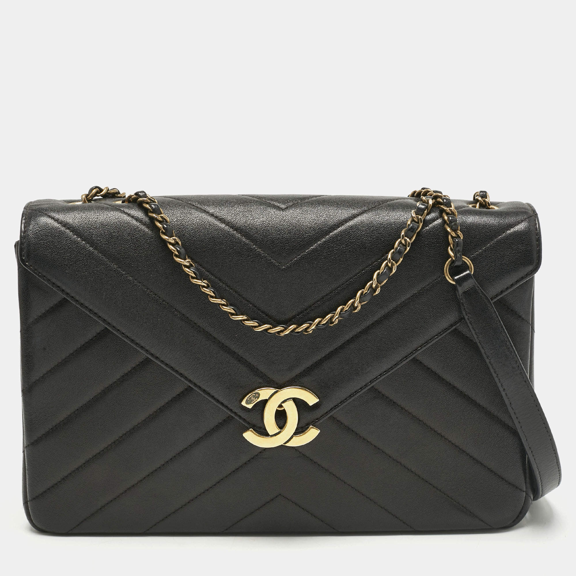 Pre Owned Chanel Black Quilted Leather Coco Envelope Flap Bag