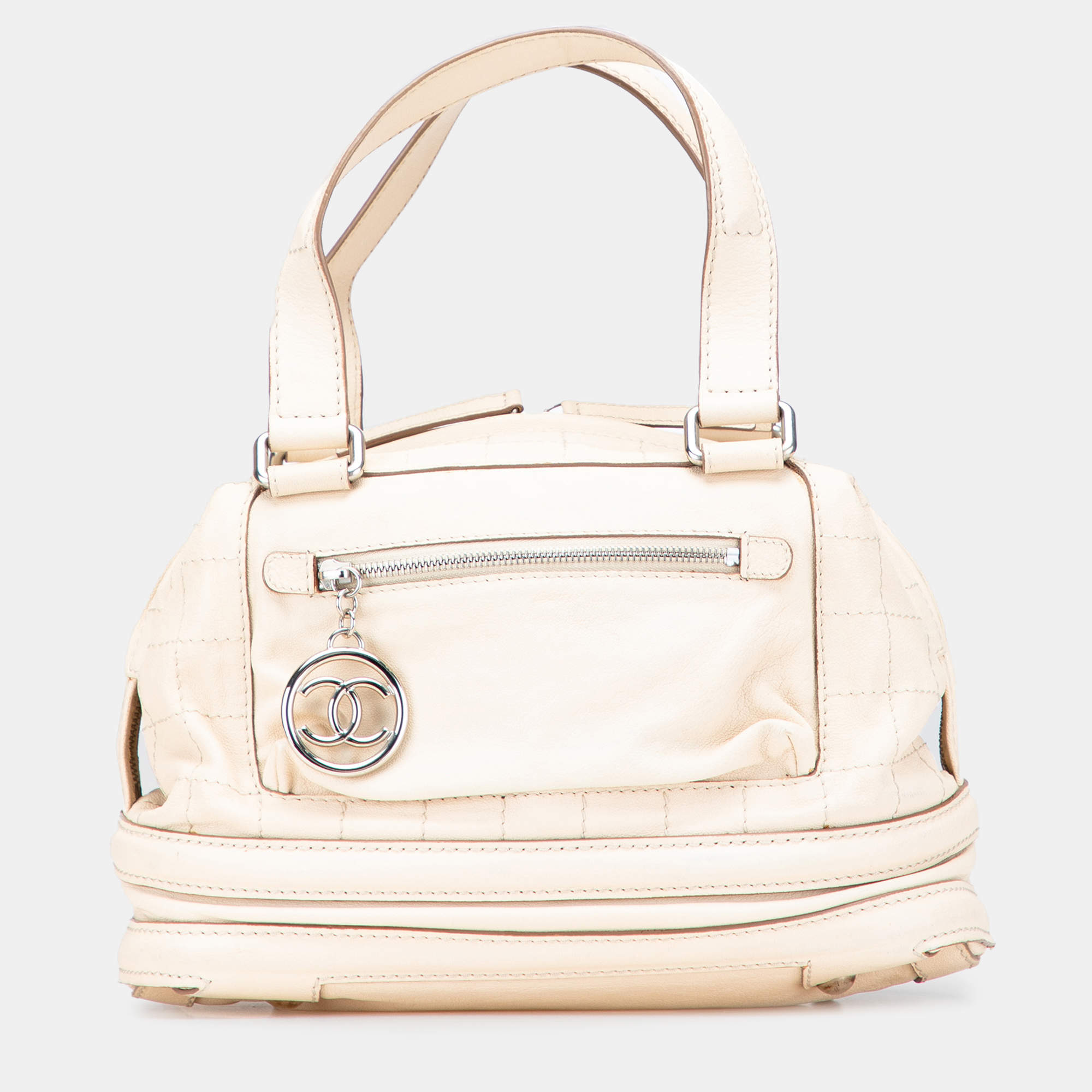 Pre Owned Chanel Beige Goatskin Square Stitch Essential Bowler