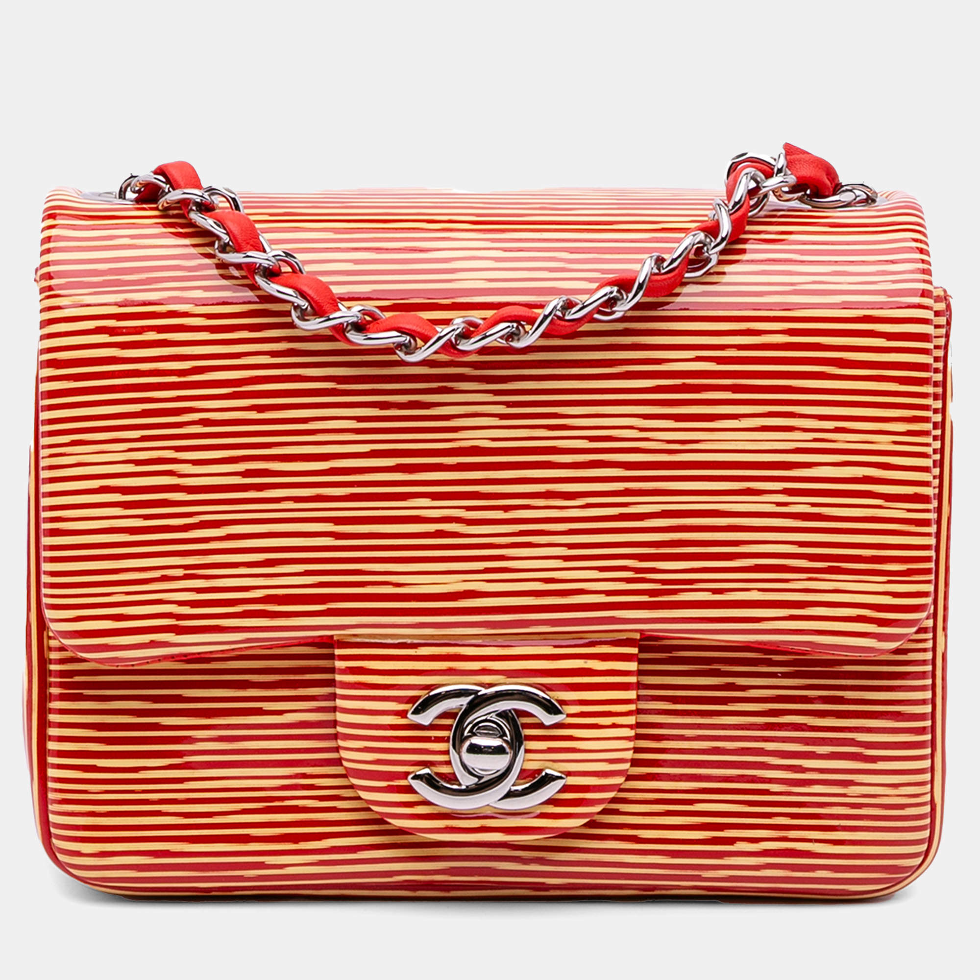 Pre Owned Chanel Orange/Red Mini Square Classic Patent Striped Single Flap Bag