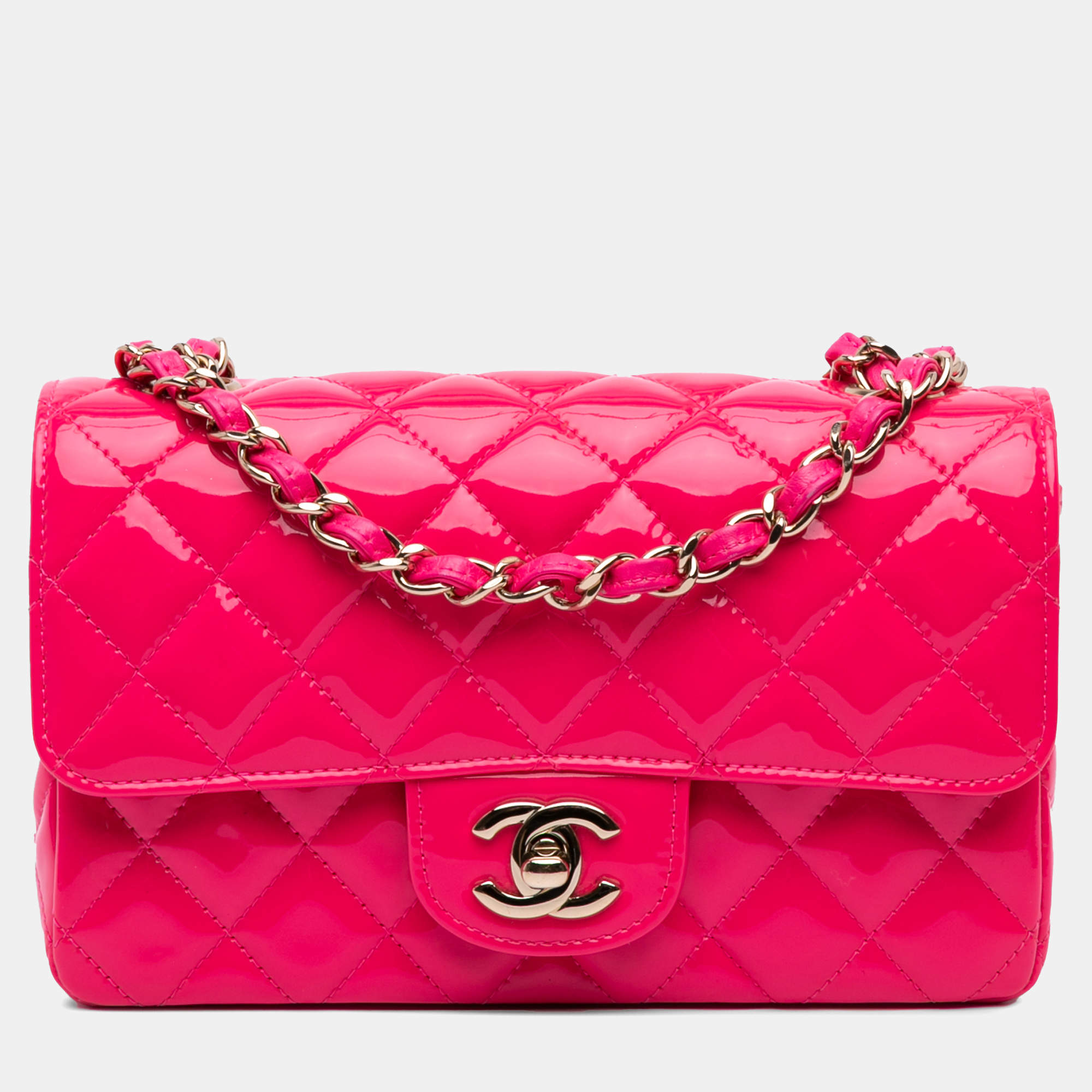 Pre Owned Chanel Pink Mini Rectangular Classic Patent Single Flap Bag