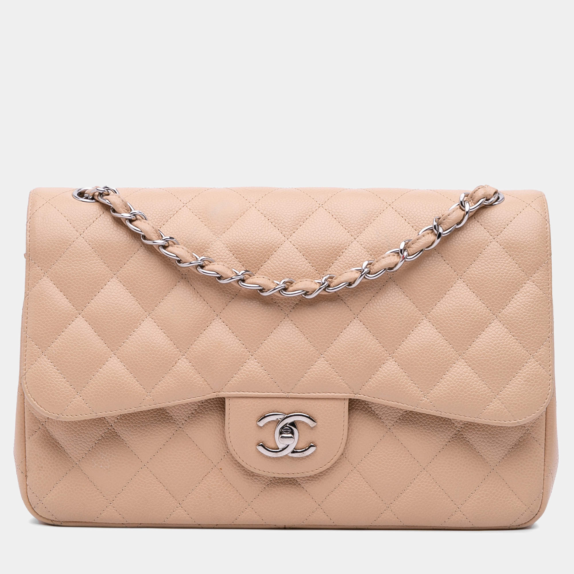 Pre Owned Chanel Beige Jumbo Classic Caviar Double Flap Bag