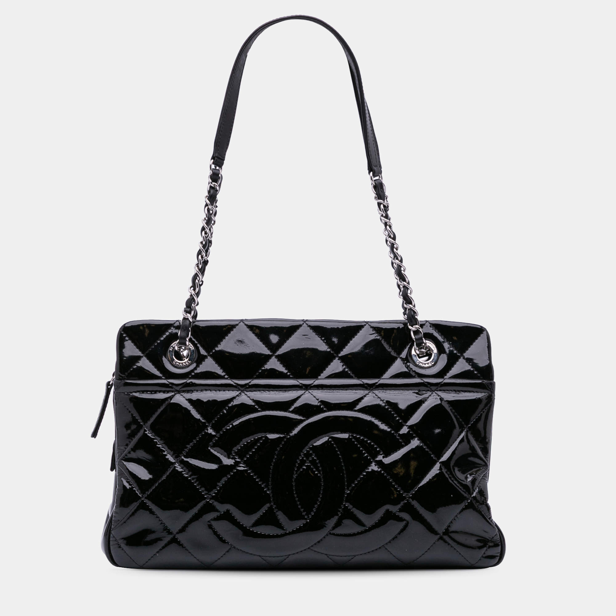 Pre Owned Chanel Black Medium CC Patent Soft Shopper Tote