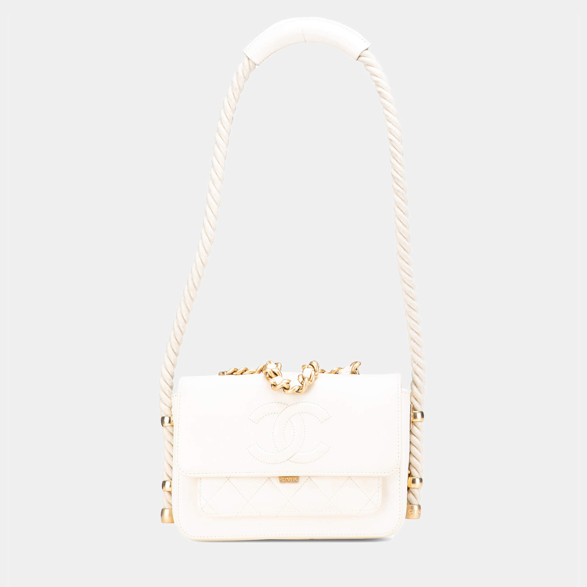 Pre Owned Chanel White Crumpled Calfskin En Vogue Rope Flap Bag