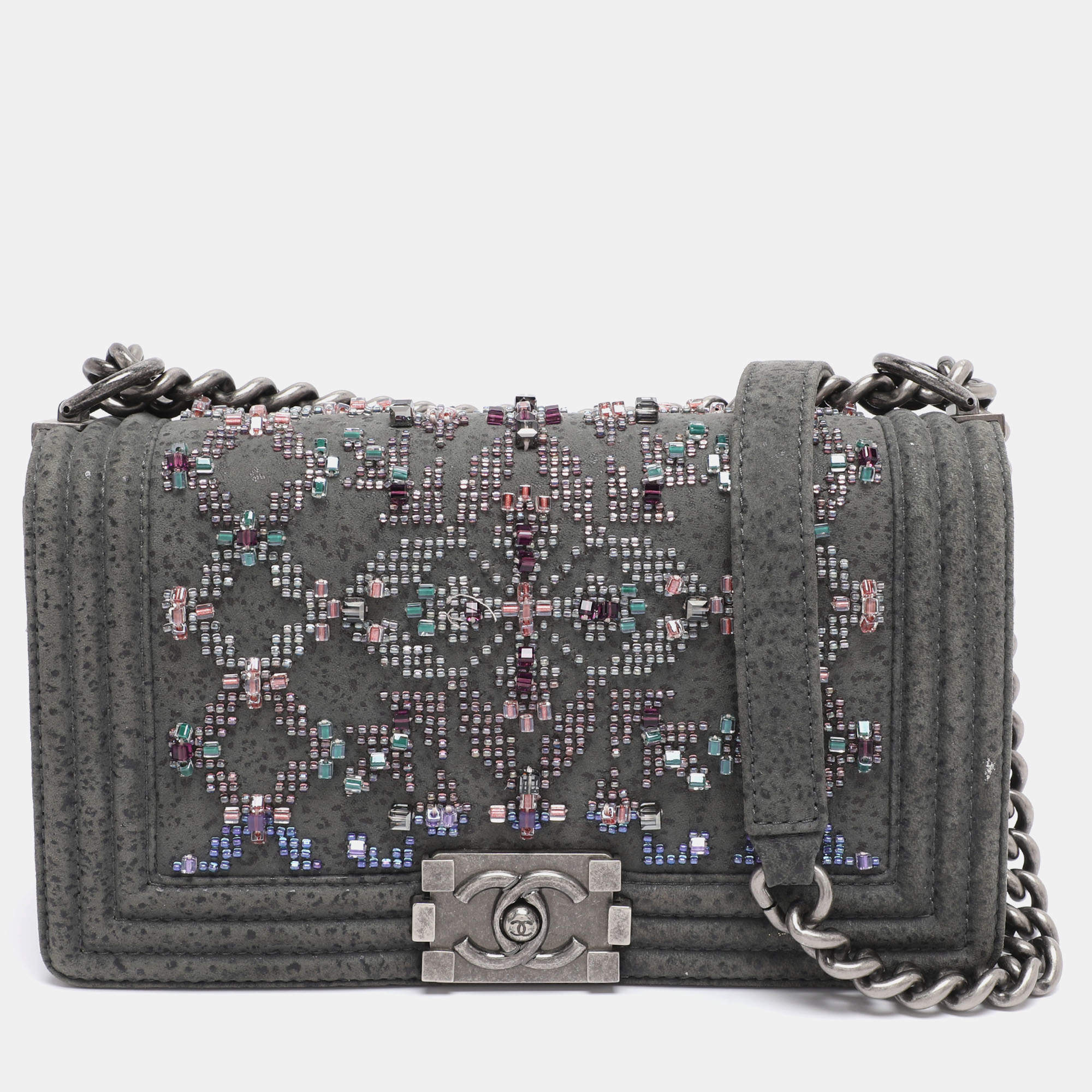 Pre Owned Chanel Grey Textured Suede Beads Embellishment Medium Boy Flap Bag