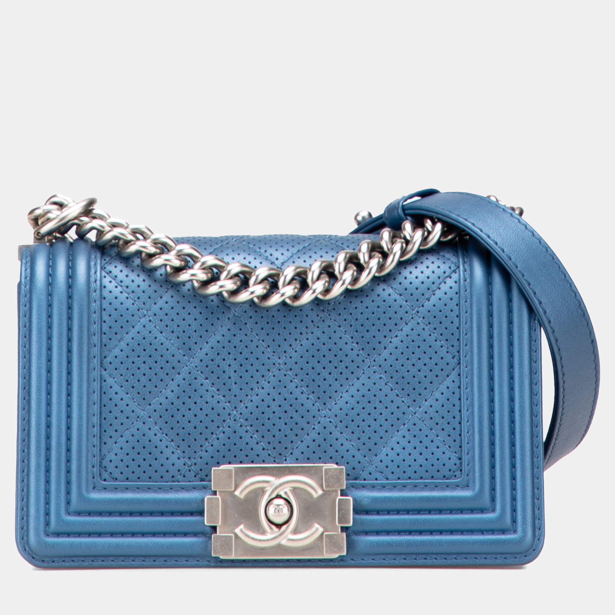 Pre Owned Chanel Blue Small Quilted Perforated Metallic Lambskin Boy Flap