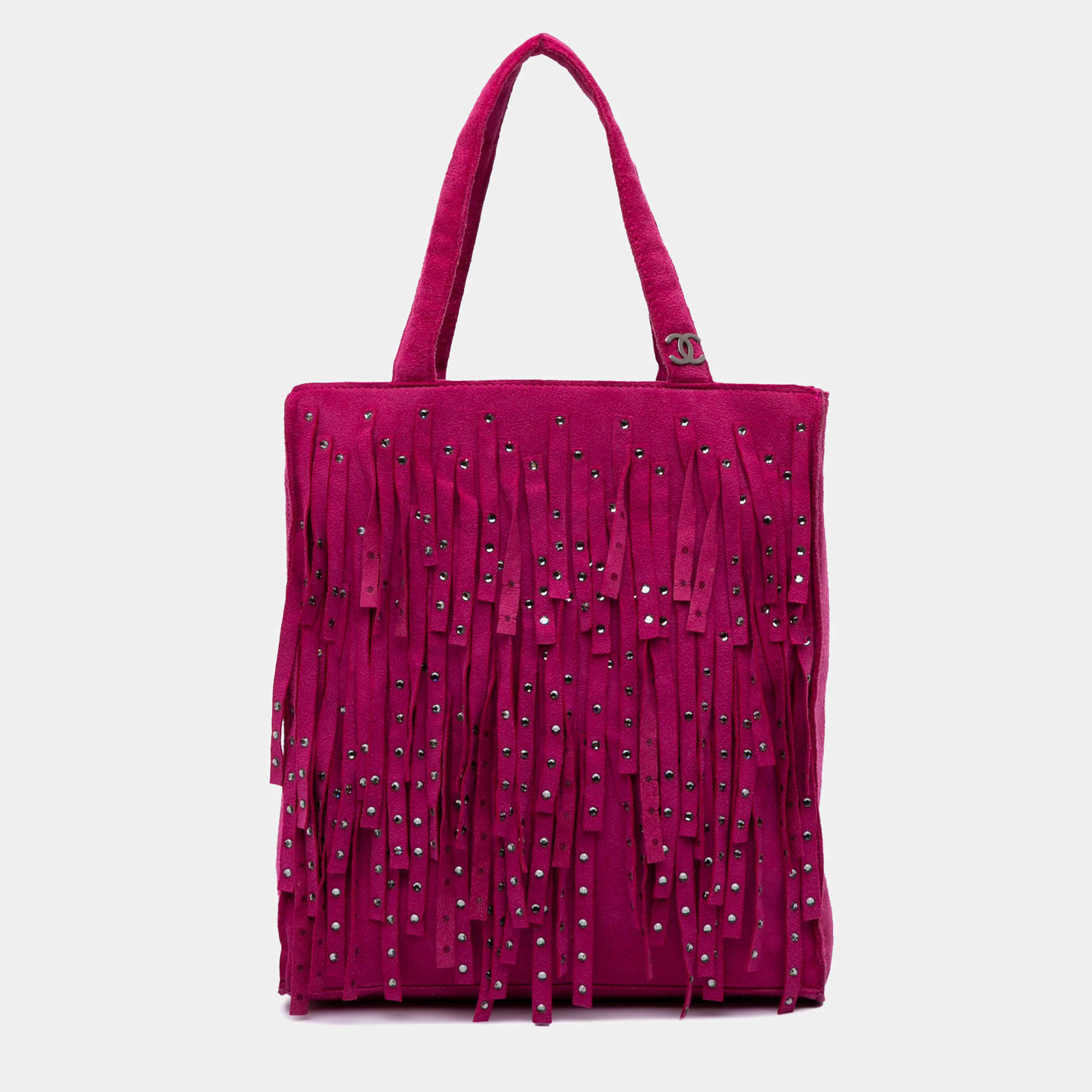 Pre Owned Chanel Pink Mini Suede Studded Fringe Tote