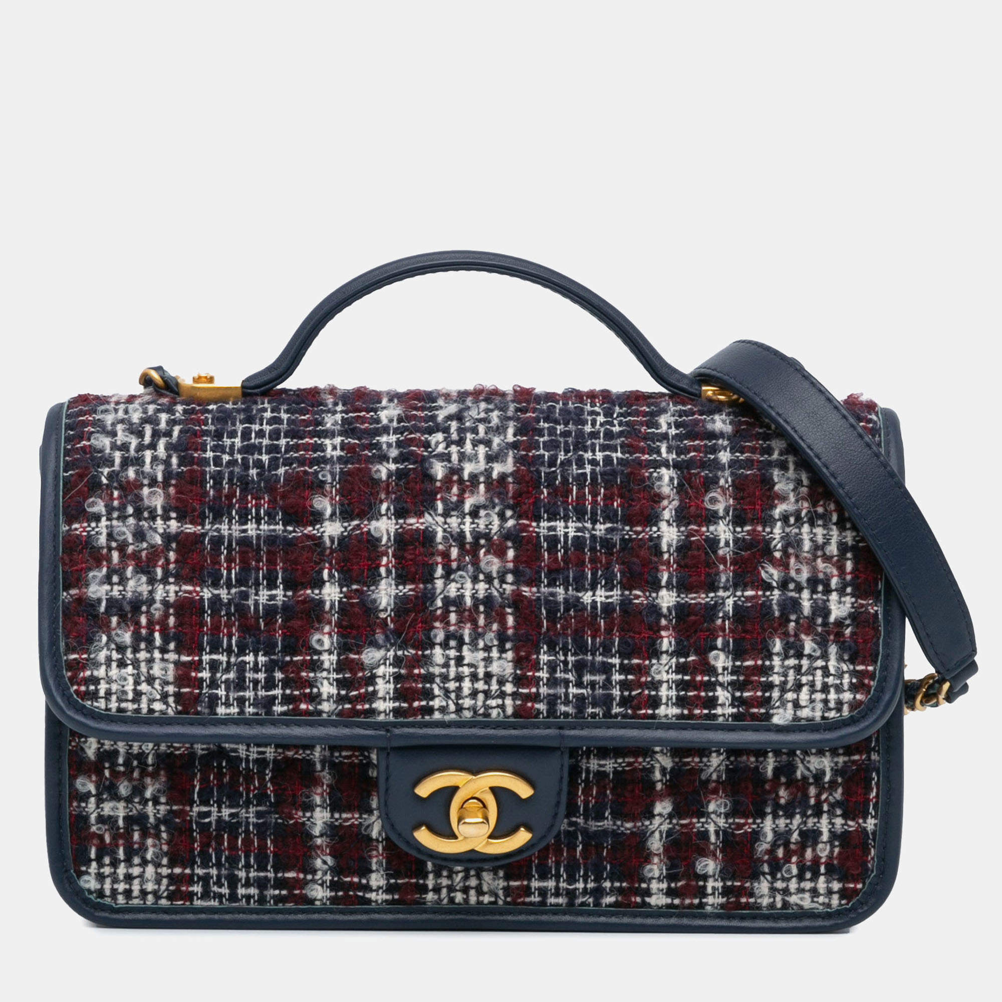 Pre Owned Chanel School Memory Small Tweed Top Handle Flap Bag