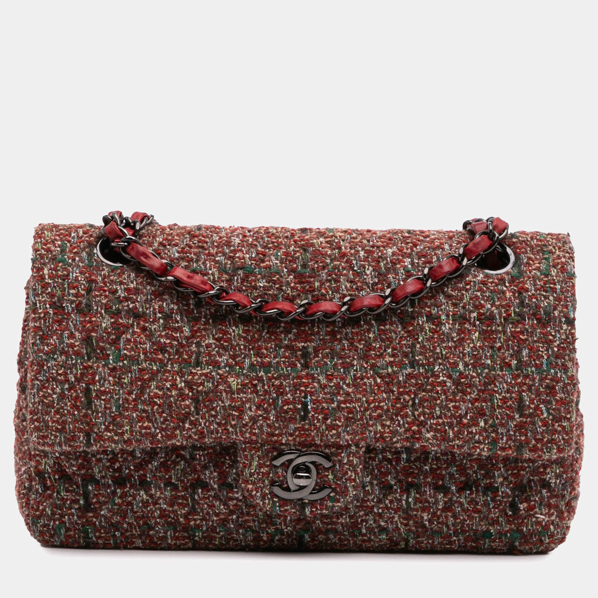 Pre Owned Chanel Classic Double Flap Medium Tweed Shoulder Bag