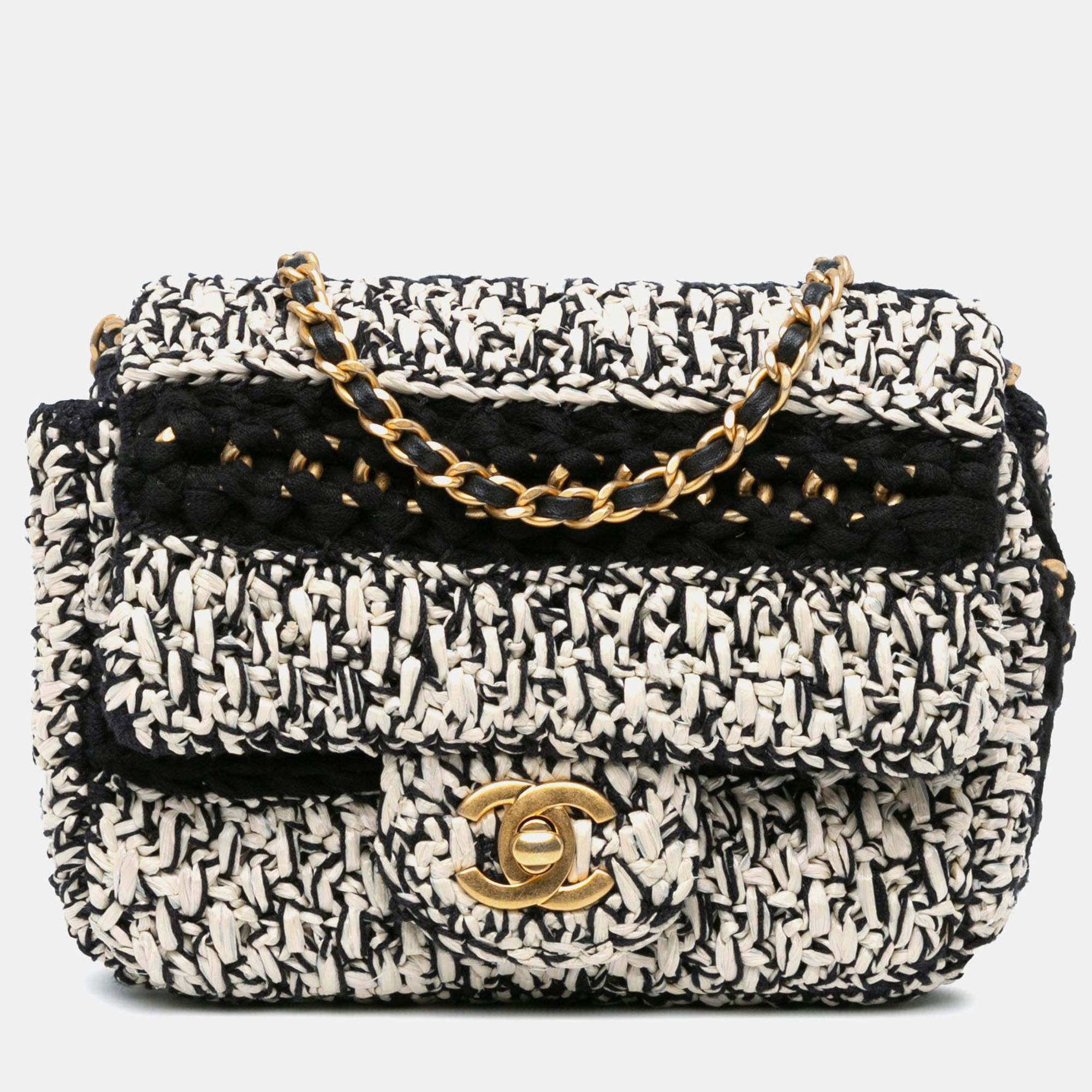 Pre Owned Chanel Braided With Love Flap Medium Raffia Shoulder Bag
