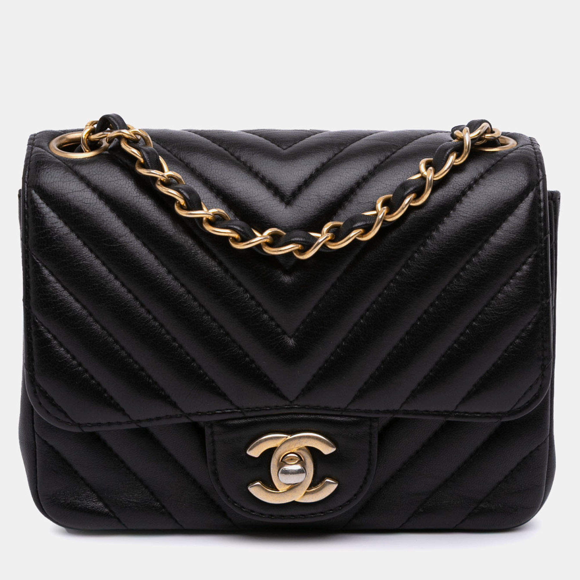 Pre Owned Chanel Black Mini Square Classic Chevron Lambskin Single Flap Bag