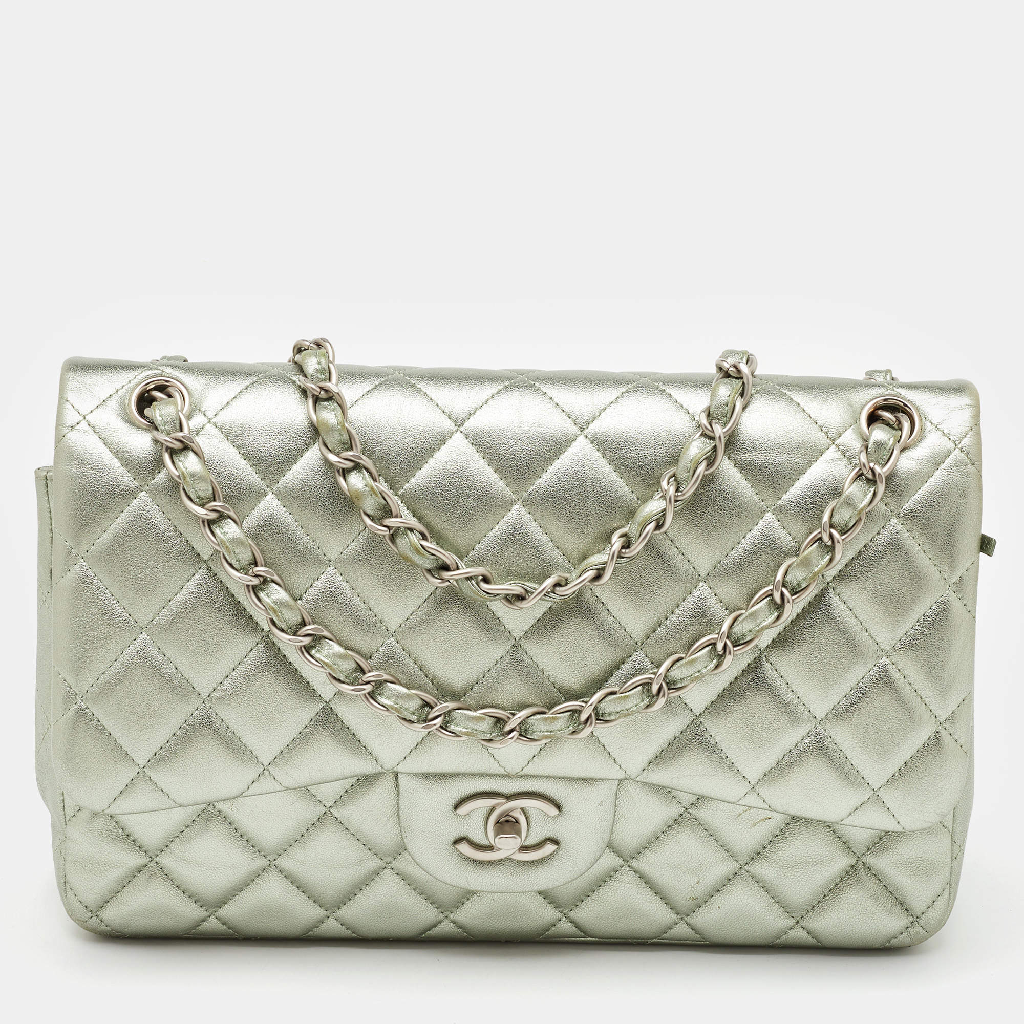 Pre Owned Chanel Metallic Mint Green Quilted Leather Jumbo Classic Double Flap Bag