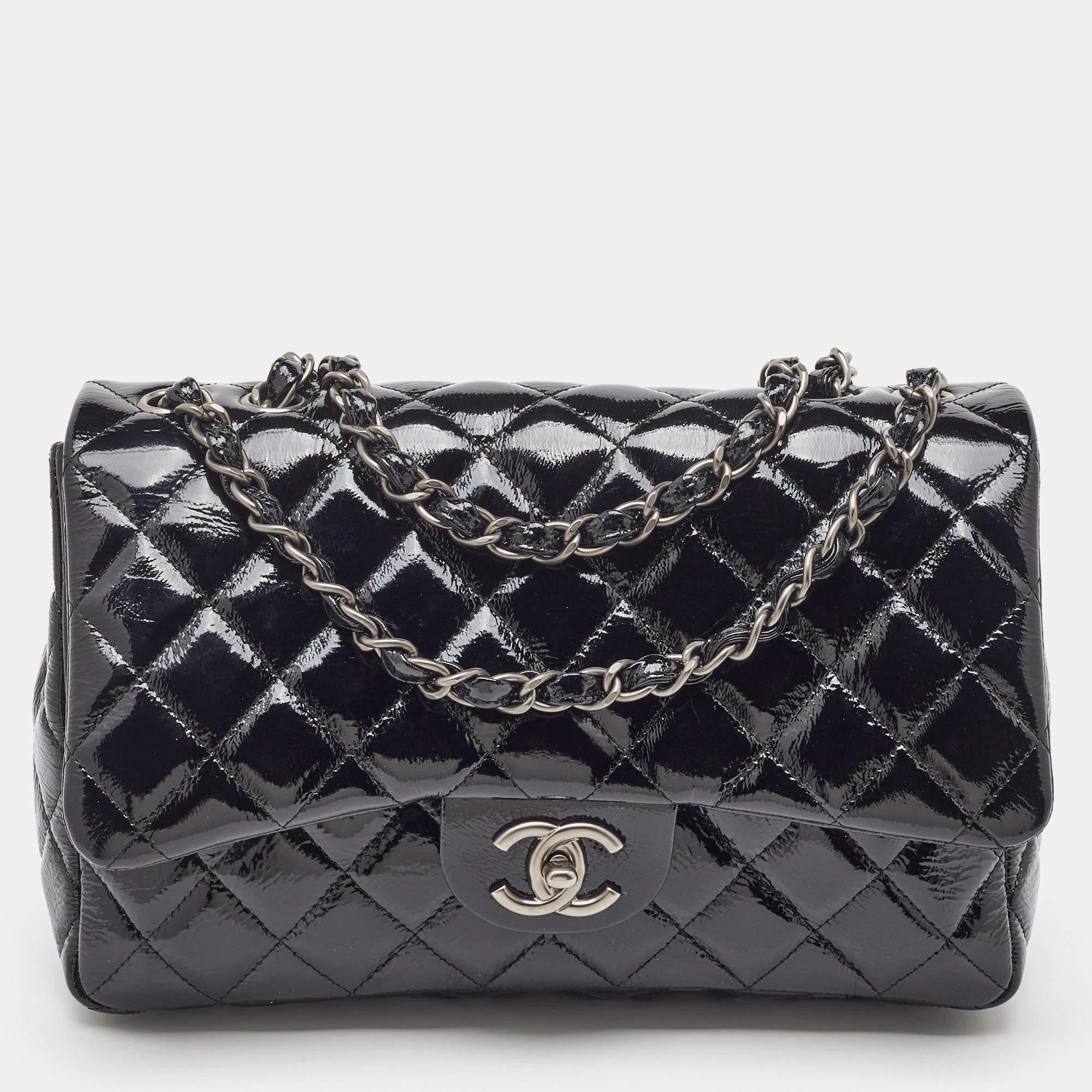 Pre Owned Chanel Black Quilted Patent Leather Jumbo Classic Single Flap Bag