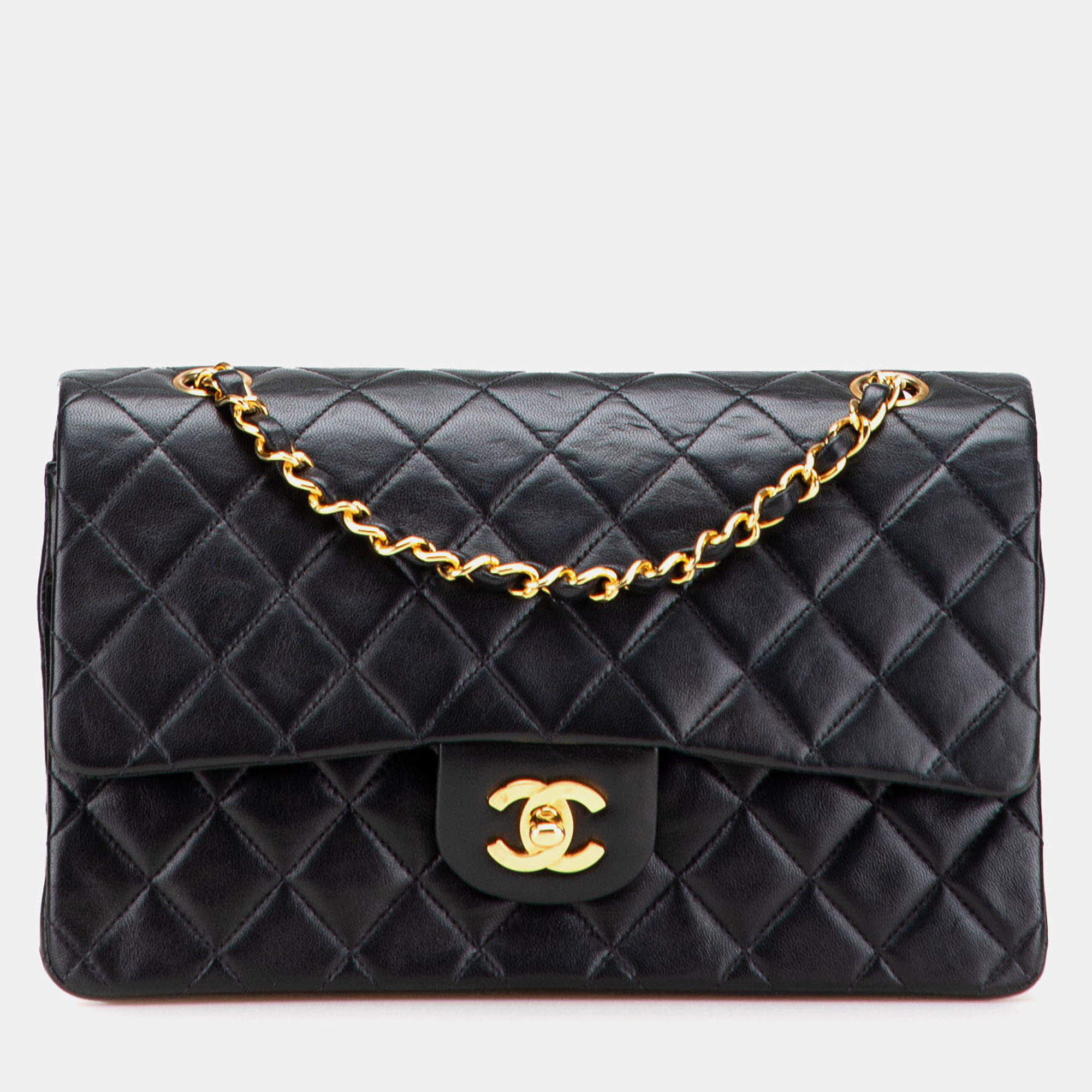 Pre Owned Chanel Black Medium Classic Lambskin Double Flap