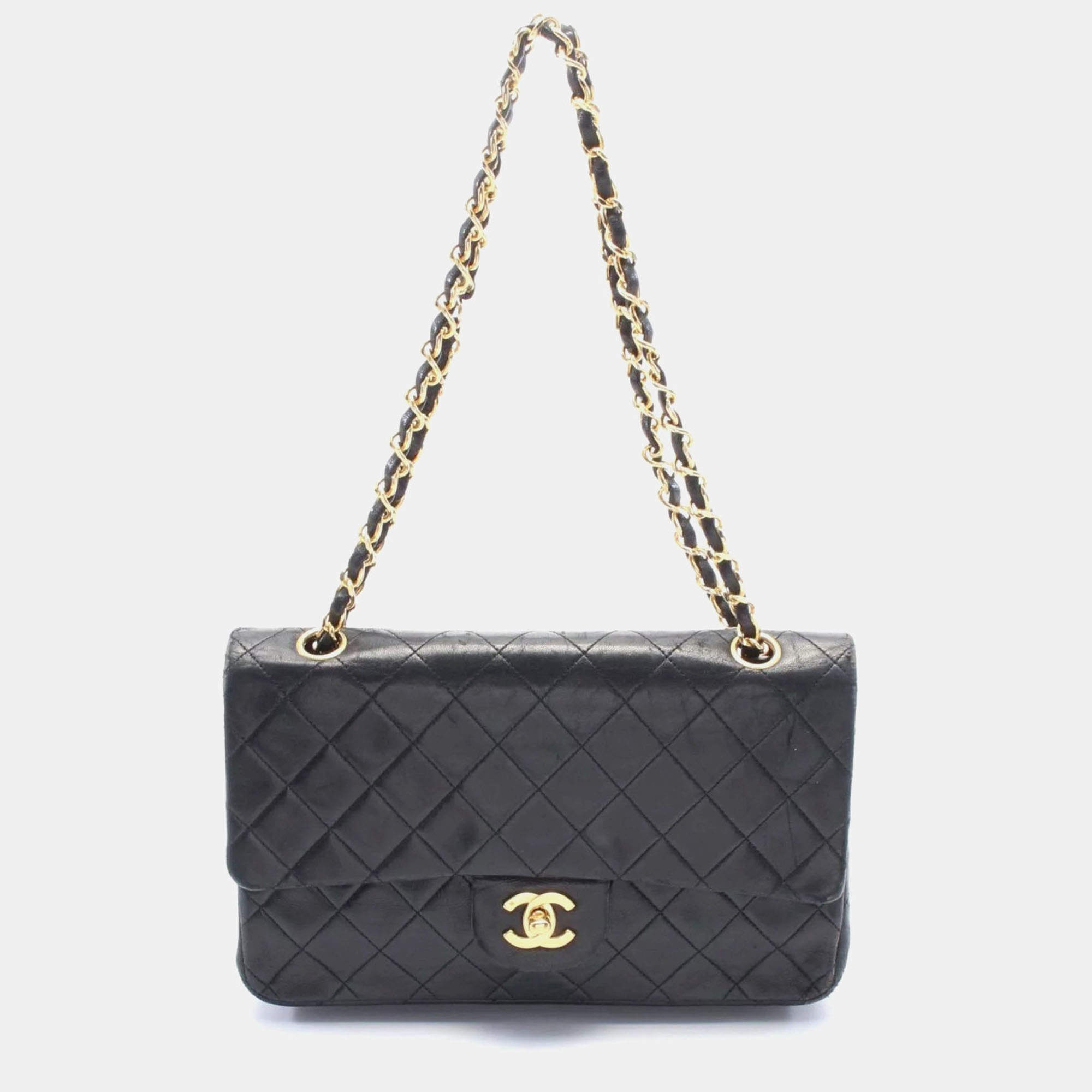 Pre Owned Chanel Double Flap Medium Black Lambskin Shoulder Bag