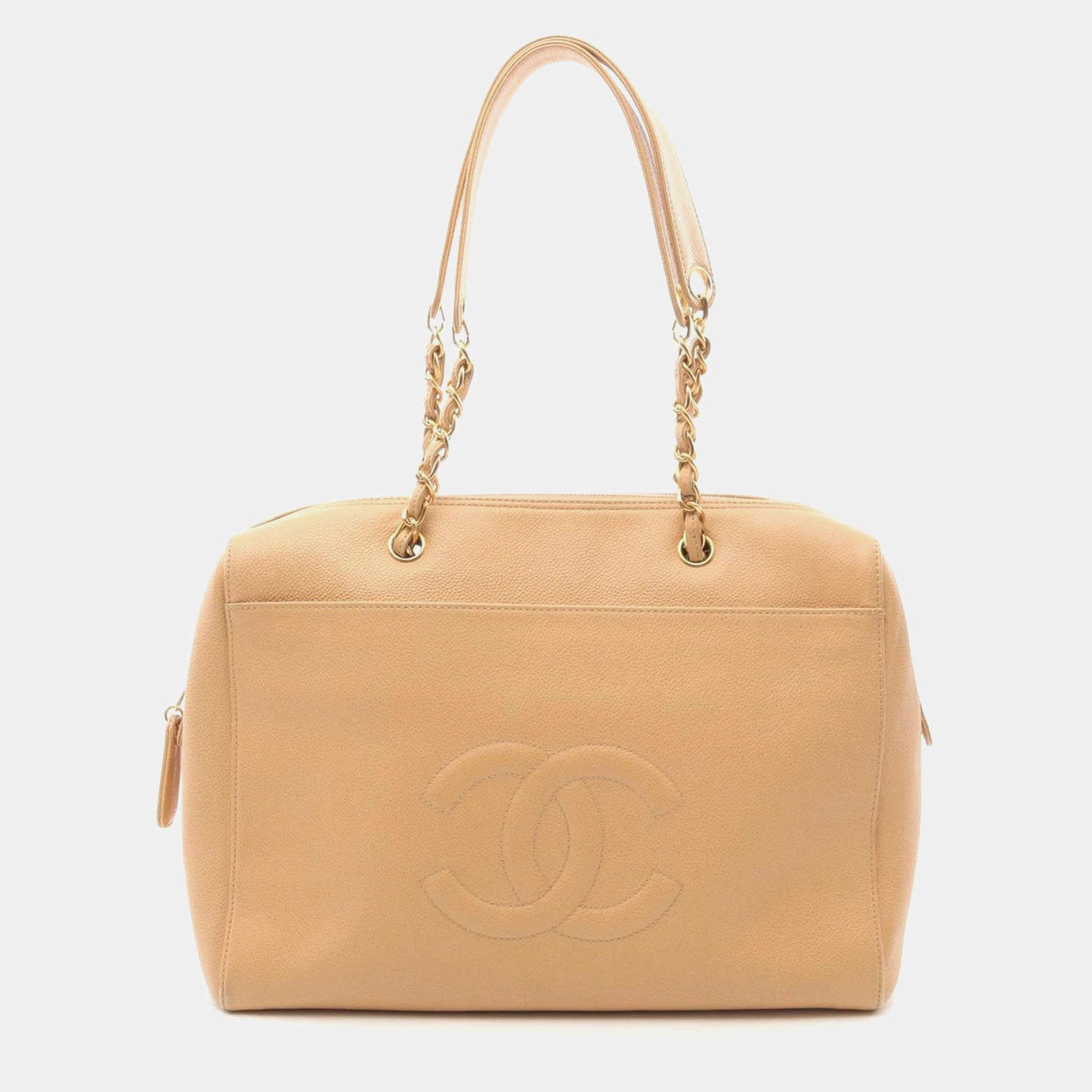 Pre Owned Chanel Coco Mark Beige Calfskin Tote Bag