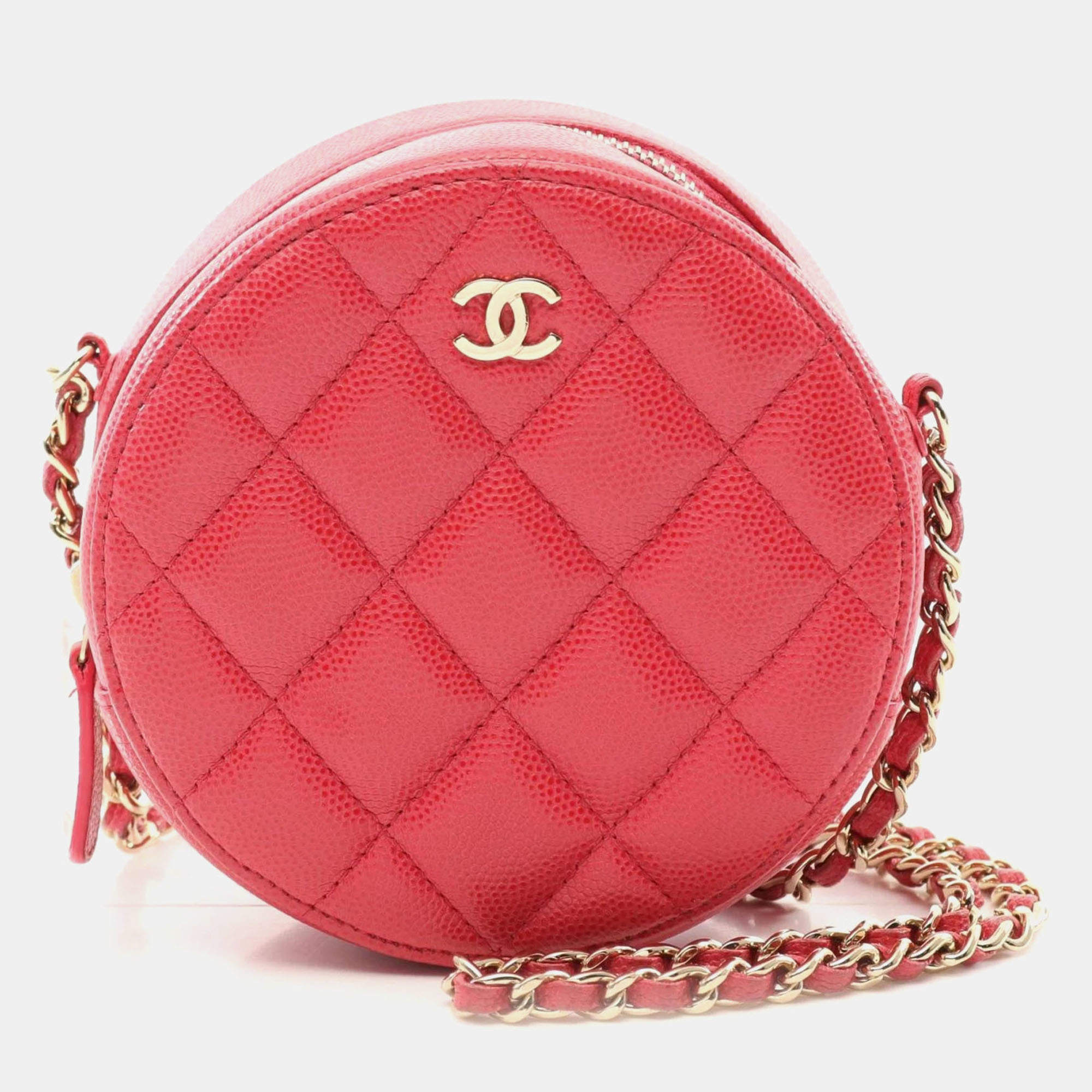 Pre Owned Chanel Matelasse Round Mini Red Calfskin Shoulder Bag