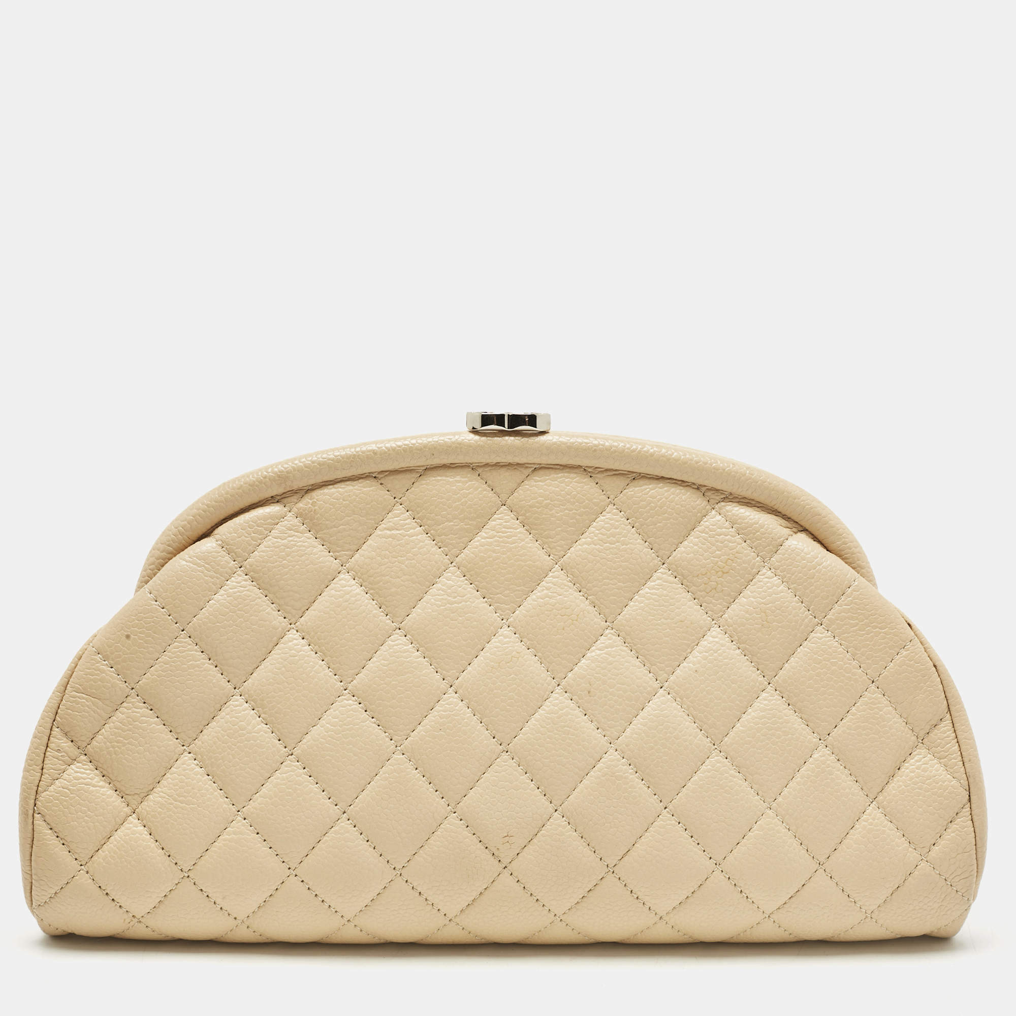 Pre Owned Chanel Beige Quilted Caviar Leather Timeless Clutch