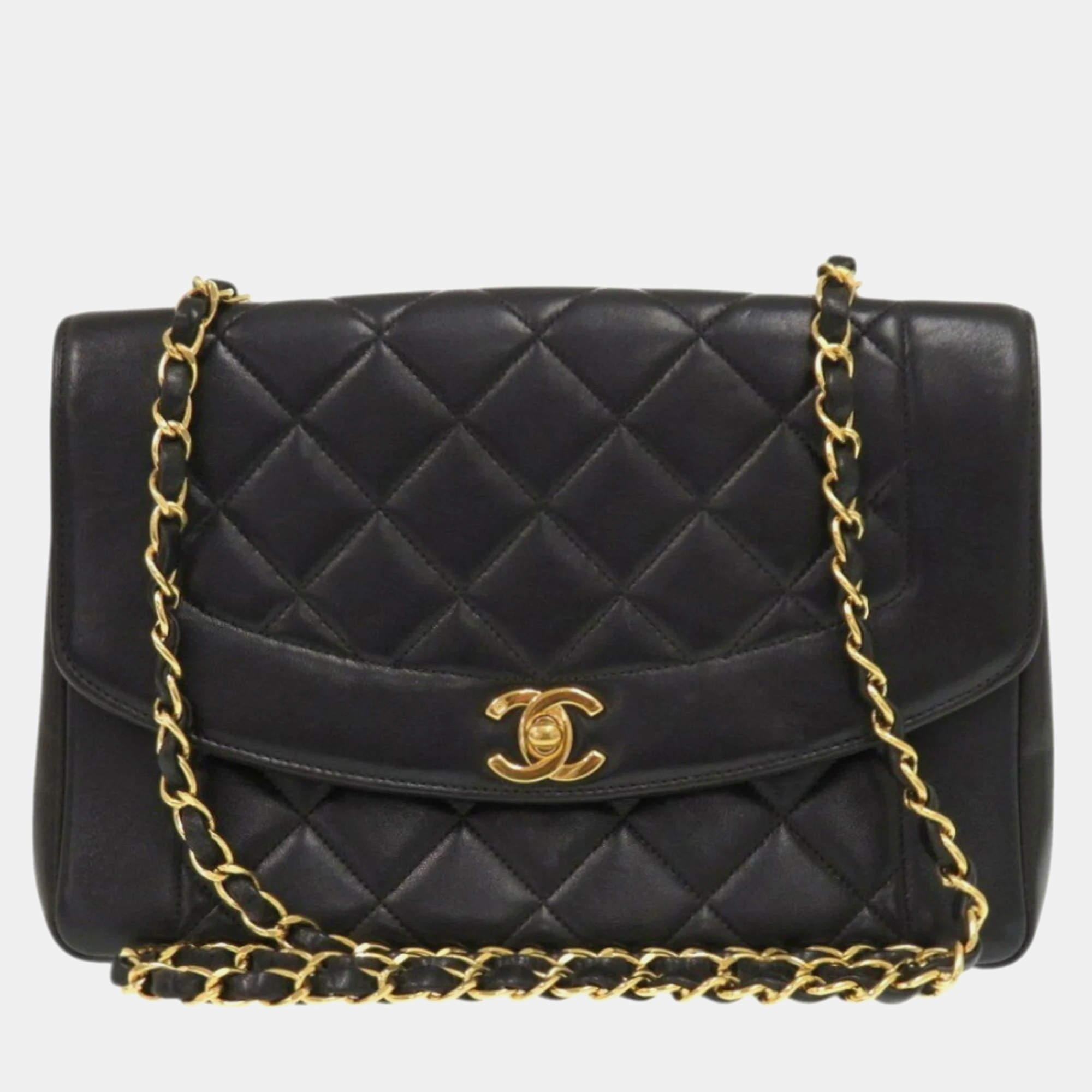 Pre Owned Chanel Diana Black Lambskin Leather Shoulder Bag