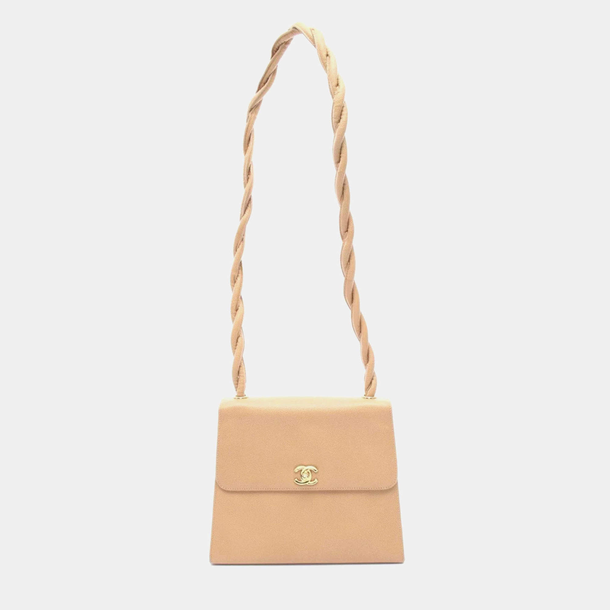 Pre Owned Chanel Rope Coco Mark Beige Caviar Leather Shoulder Bag