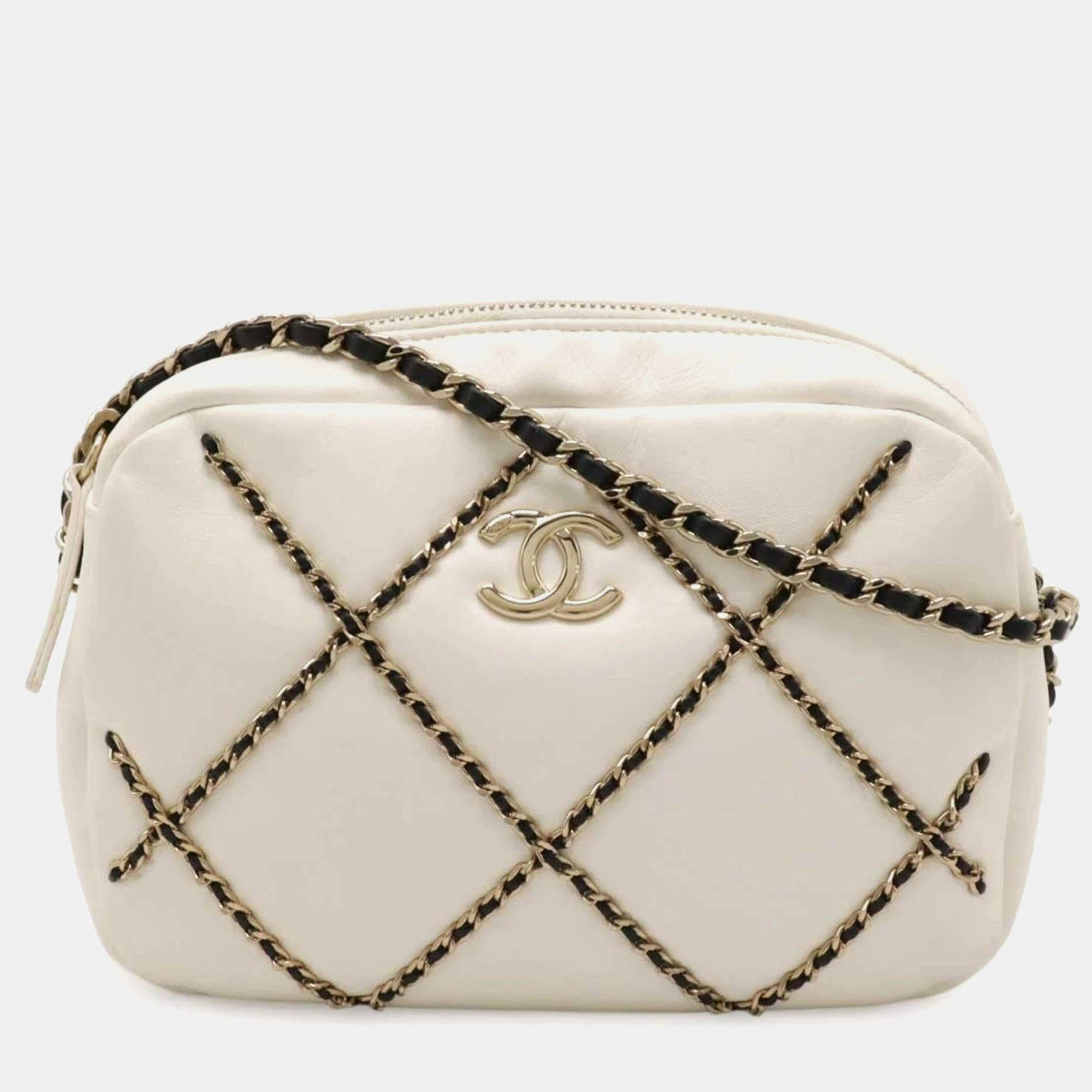 Pre Owned Chanel Entwined Chain Stitch Ivory Lambskin Camera Bag