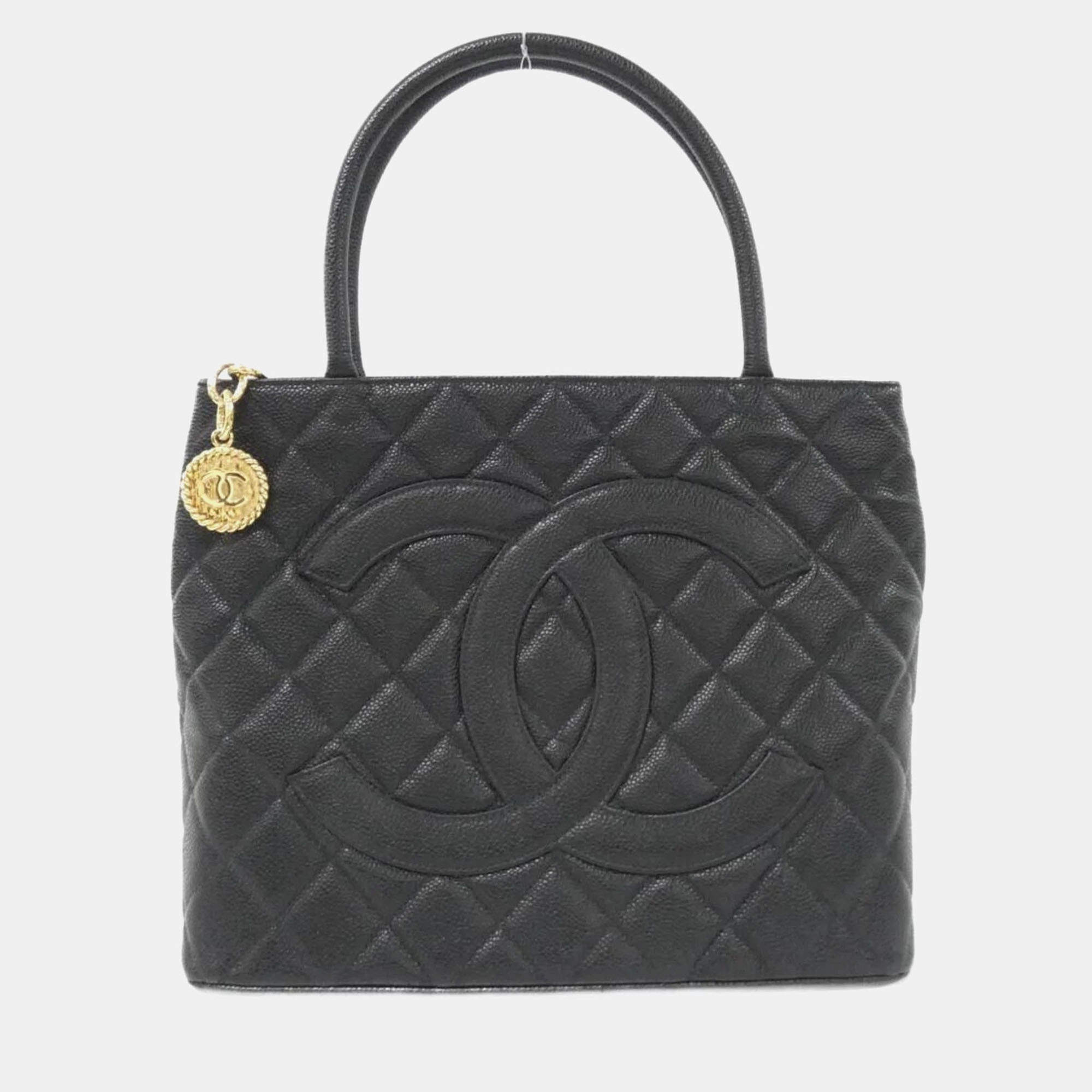 Pre Owned Chanel Medallion Black Grained Leather Handbag