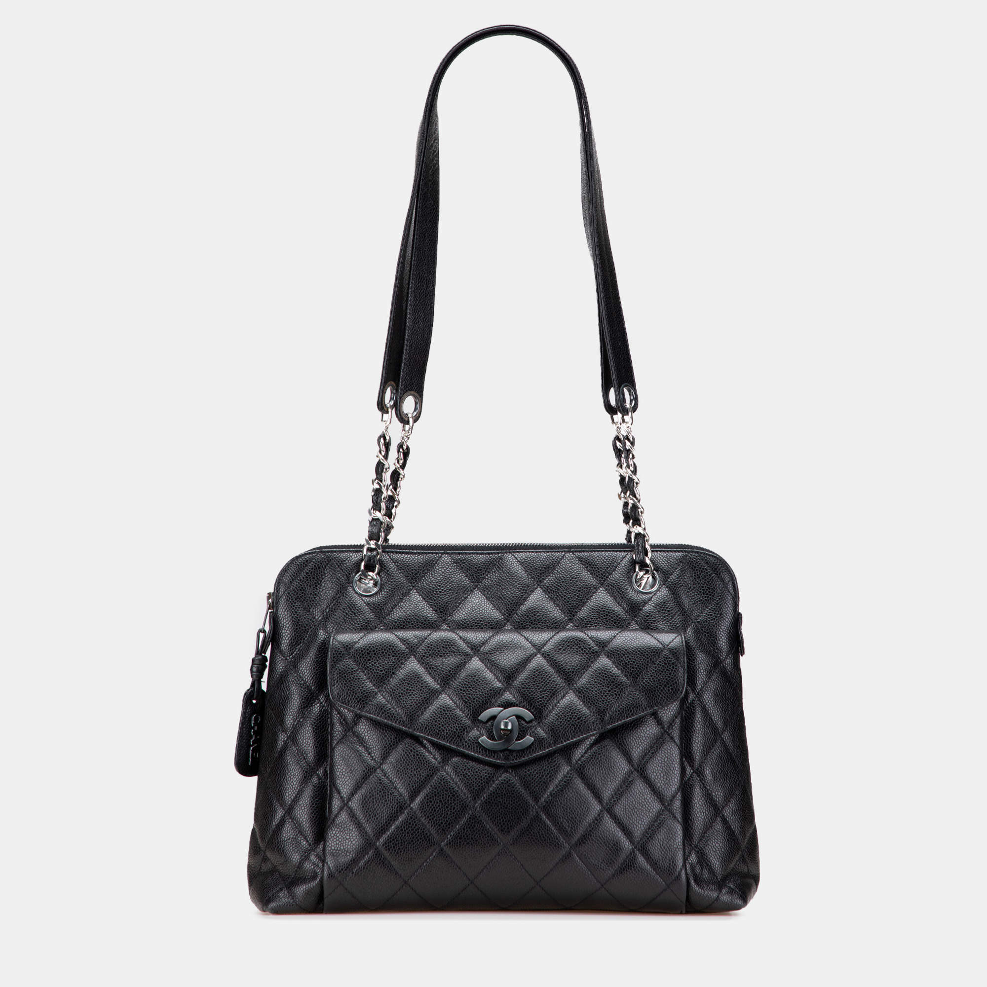 Pre Owned Chanel Black CC Quilted Caviar Front Pocket Shoulder Bag