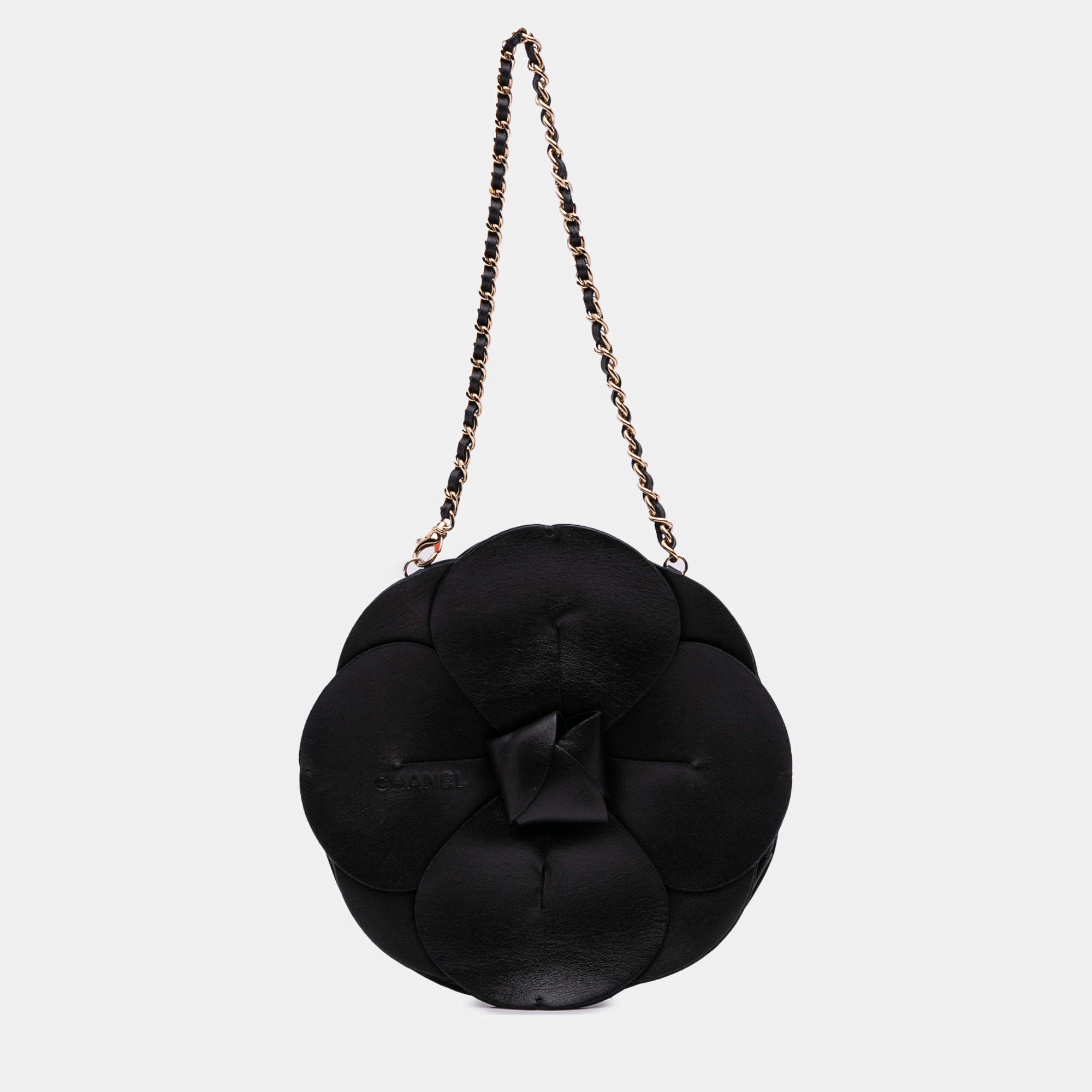 Pre Owned Chanel Black Lambskin and Satin Camellia Flower Evening Bag