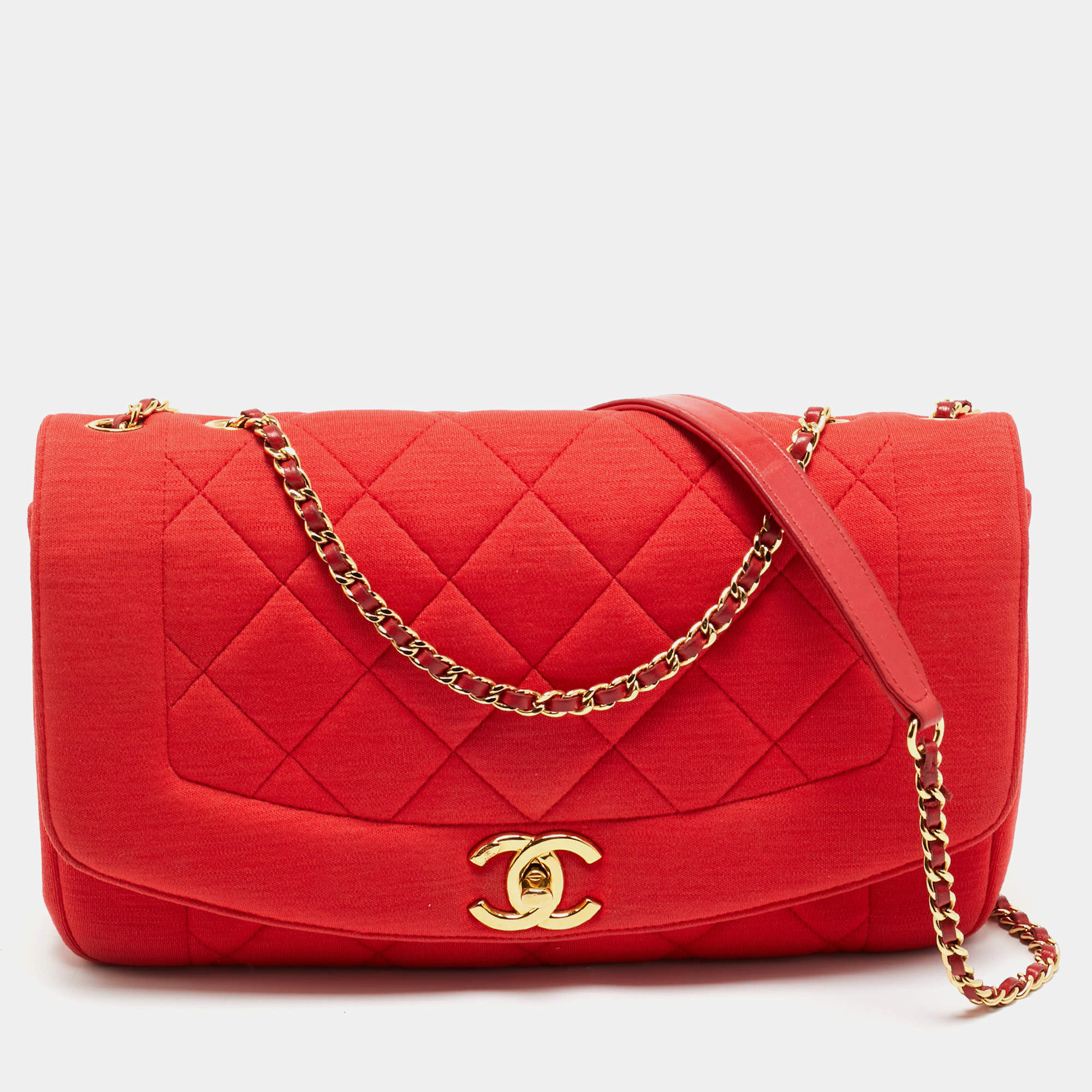 Pre Owned Chanel Red Quilted Jersey Diana Flap Bag